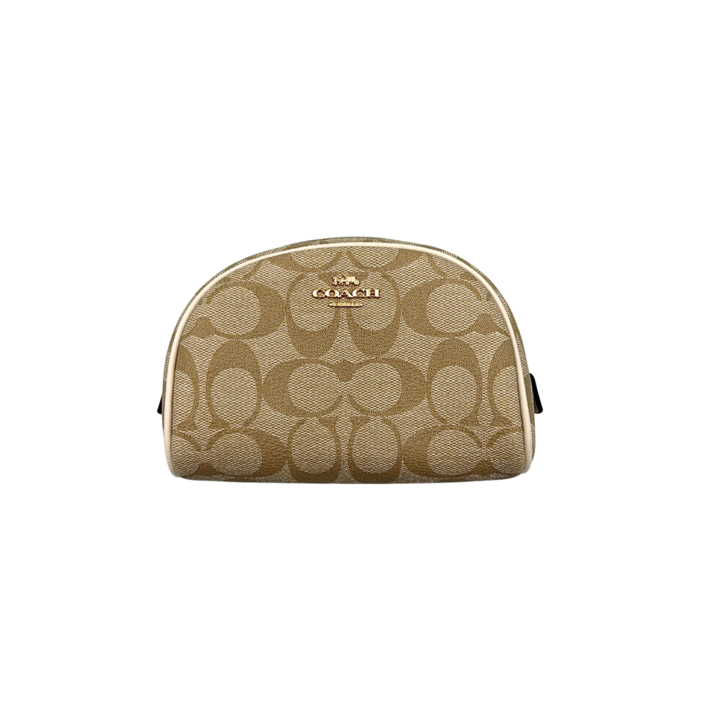 Coach Signature Canvas Dome Cosmetic Case in beige monogram canvas with gold hardware and curved silhouette.