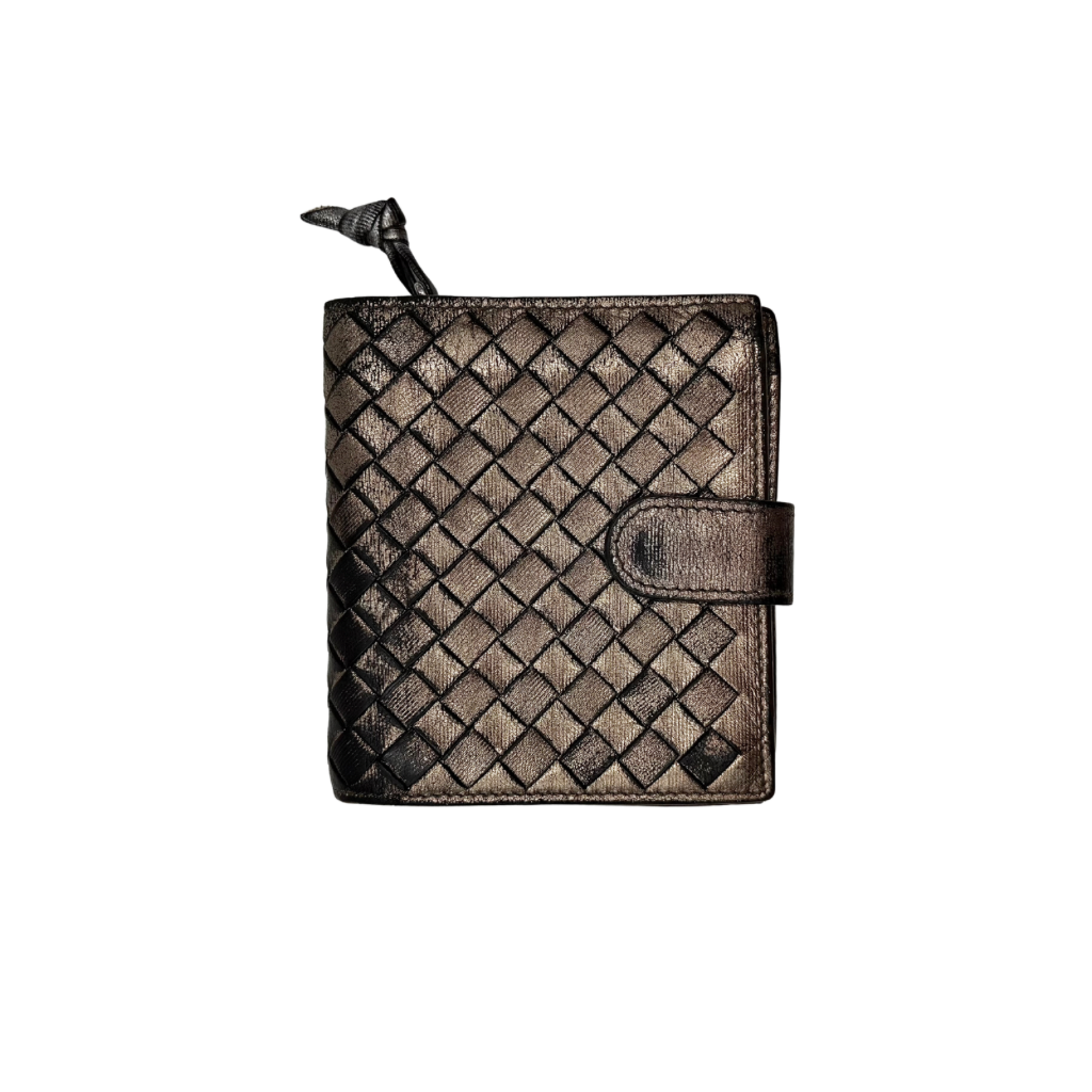 Bottega Veneta intrecciato metallic bronze leather wallet with snap tab and zip compartment.
