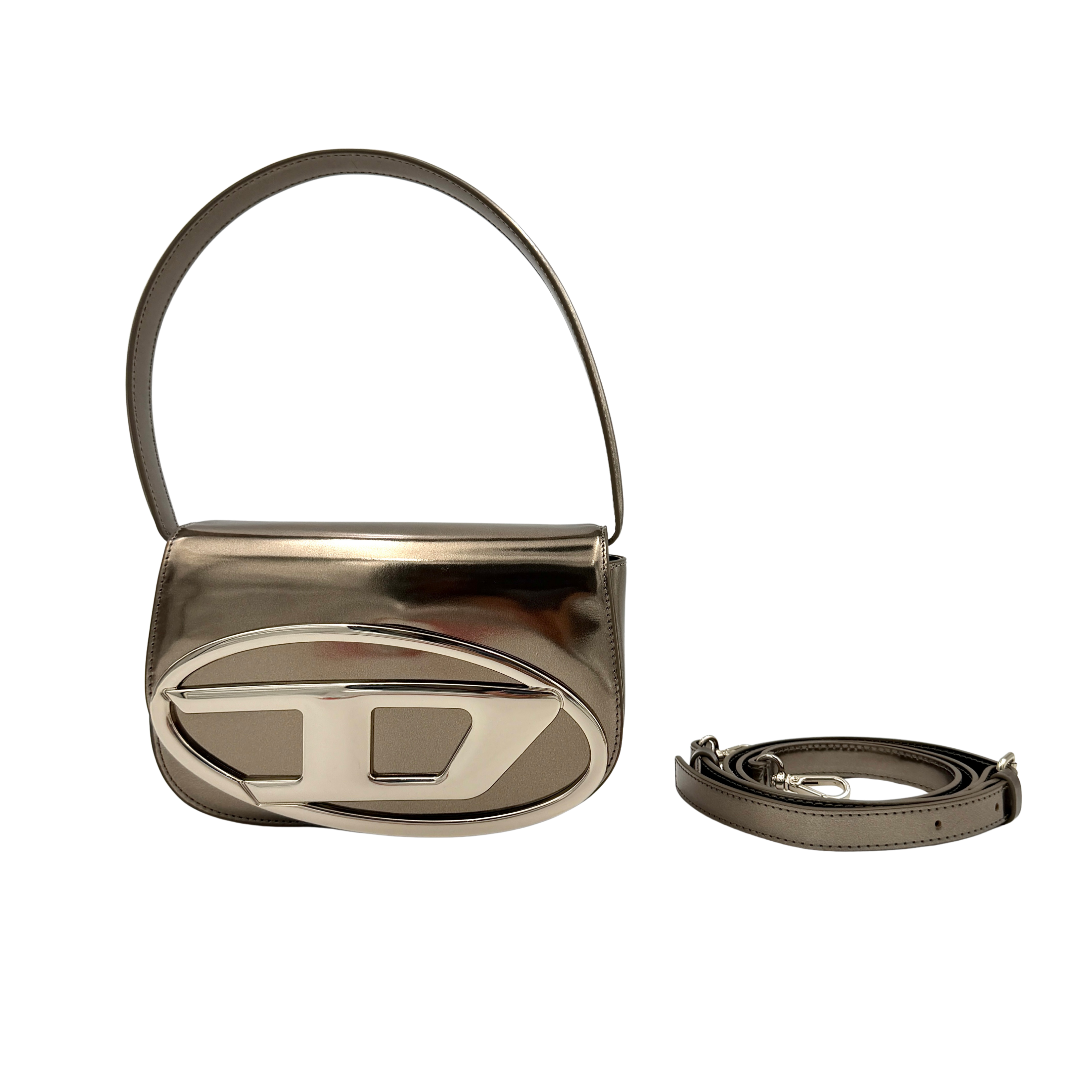 Diesel 1DR metallic silver shoulder bag with oversized chrome D-logo plaque, top handle, and detachable strap displayed against a white background.