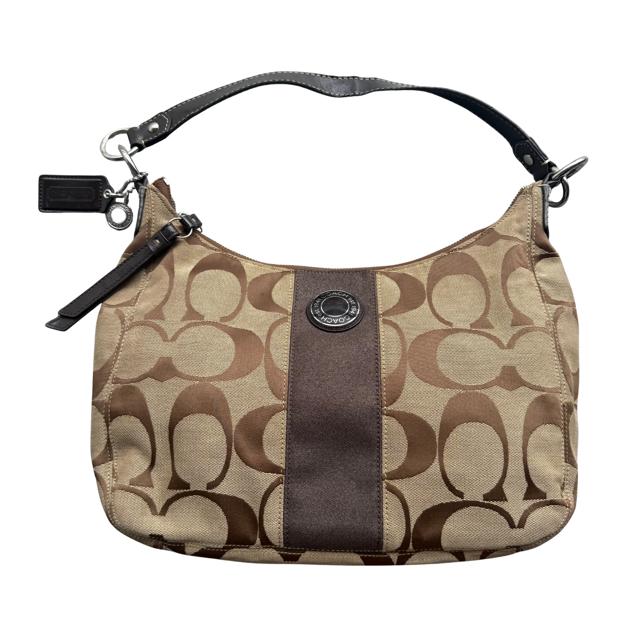 Coach 2Way Signature Stripe Large ShoulderBag Beige/Brown