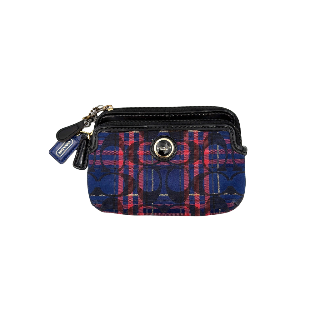 Coach Poppy Tartan Plaid Pouch in multicolour jacquard with bold red and navy check and blue hang tags.