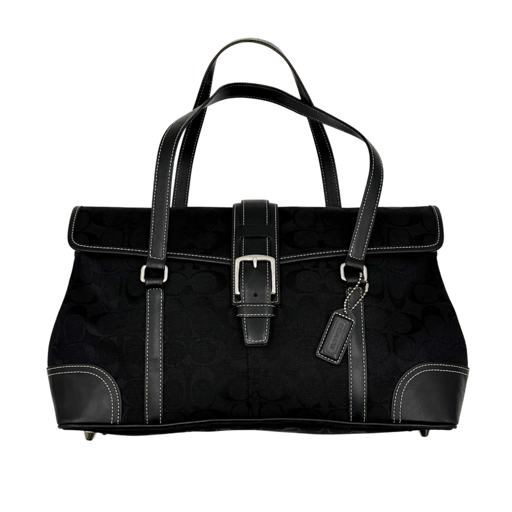 Coach black Soho Hampton Buckle Flap Shoulder Bag with jacquard pattern, leather trim, and silver buckle detail.