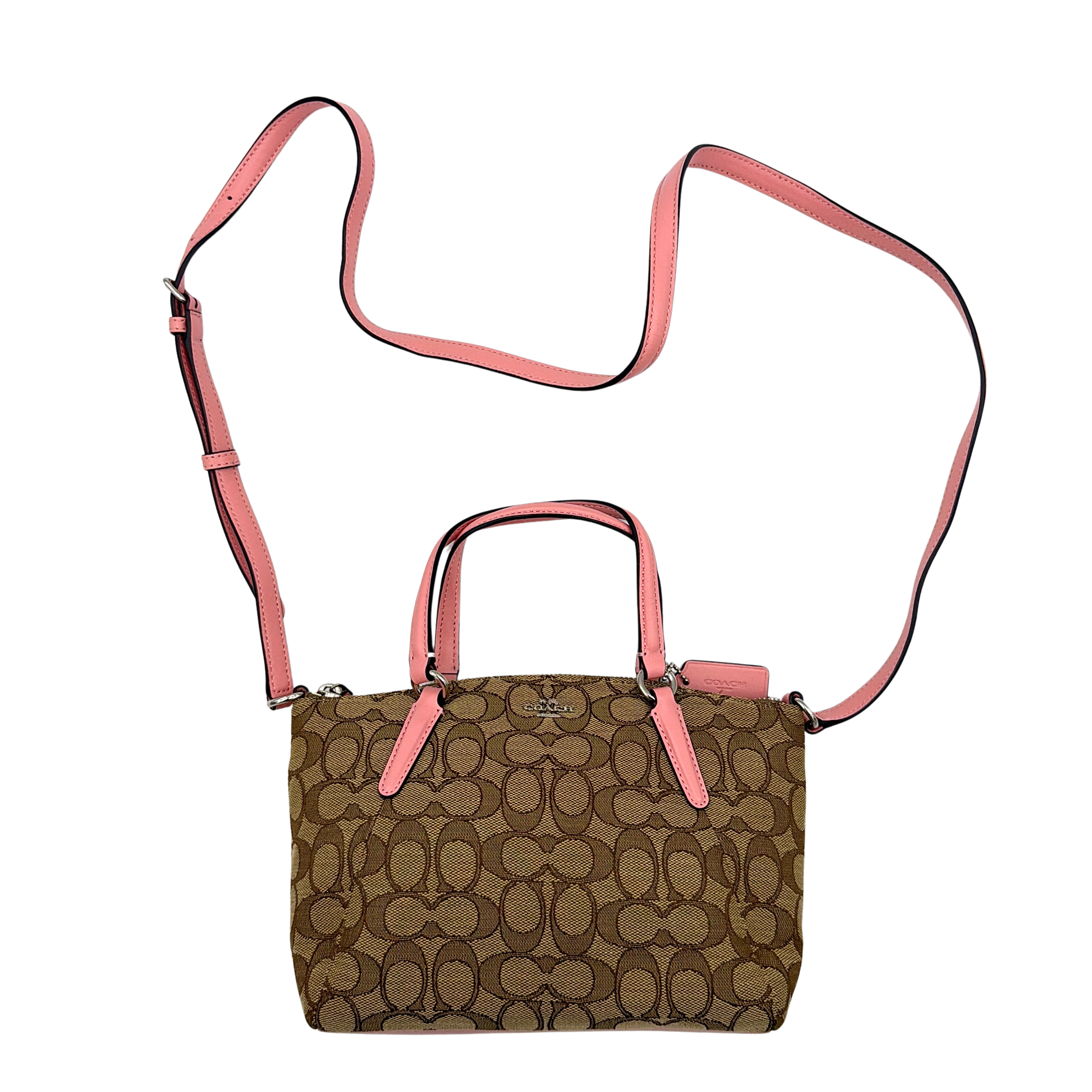 Coach 2Way Kelsey Shoulder Bag with beige monogram canvas and pink leather accents, shown with adjustable shoulder strap.