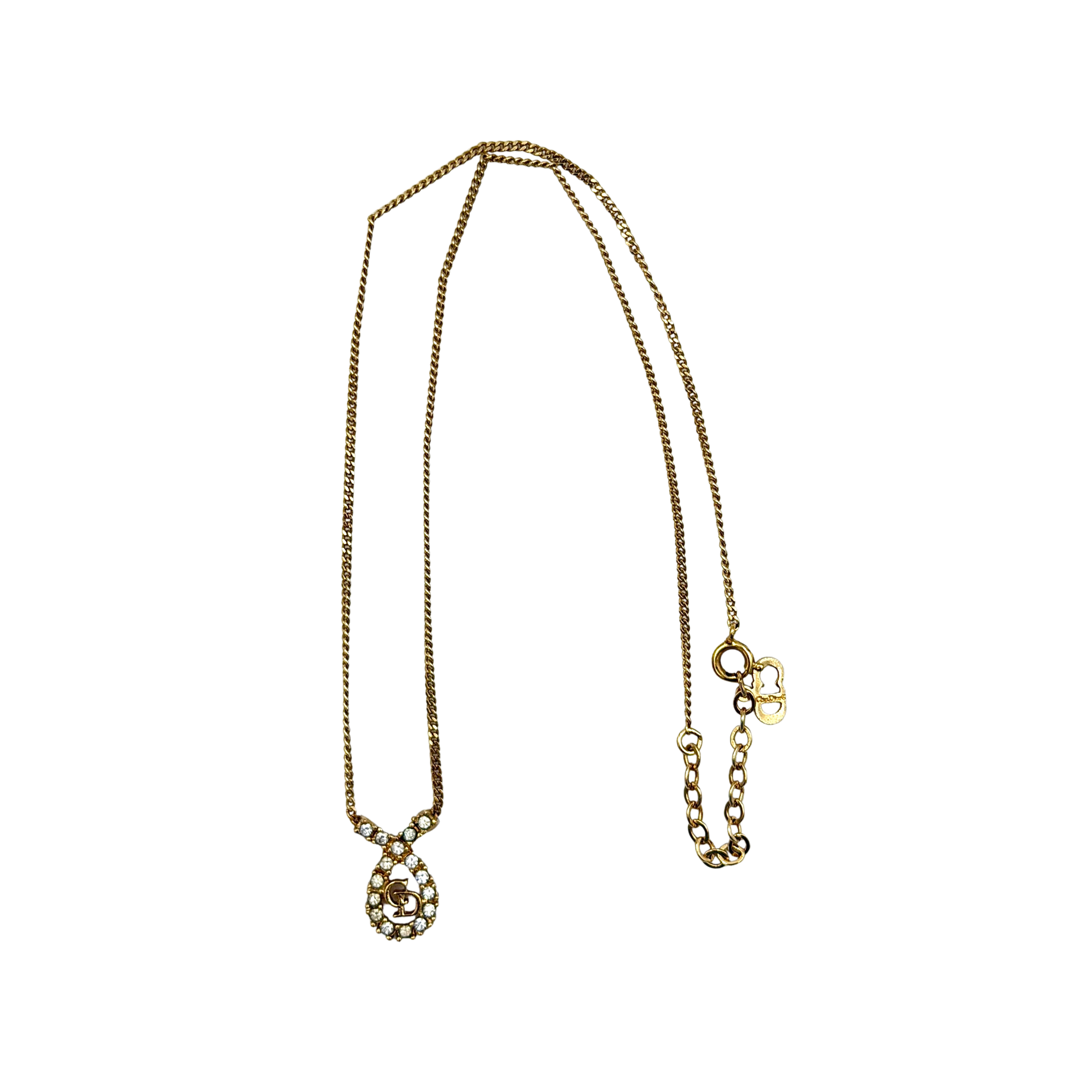 Dior CD Logo Rhinestone Necklace in gold featuring a teardrop pendant adorned with clear rhinestones and a gold chain.