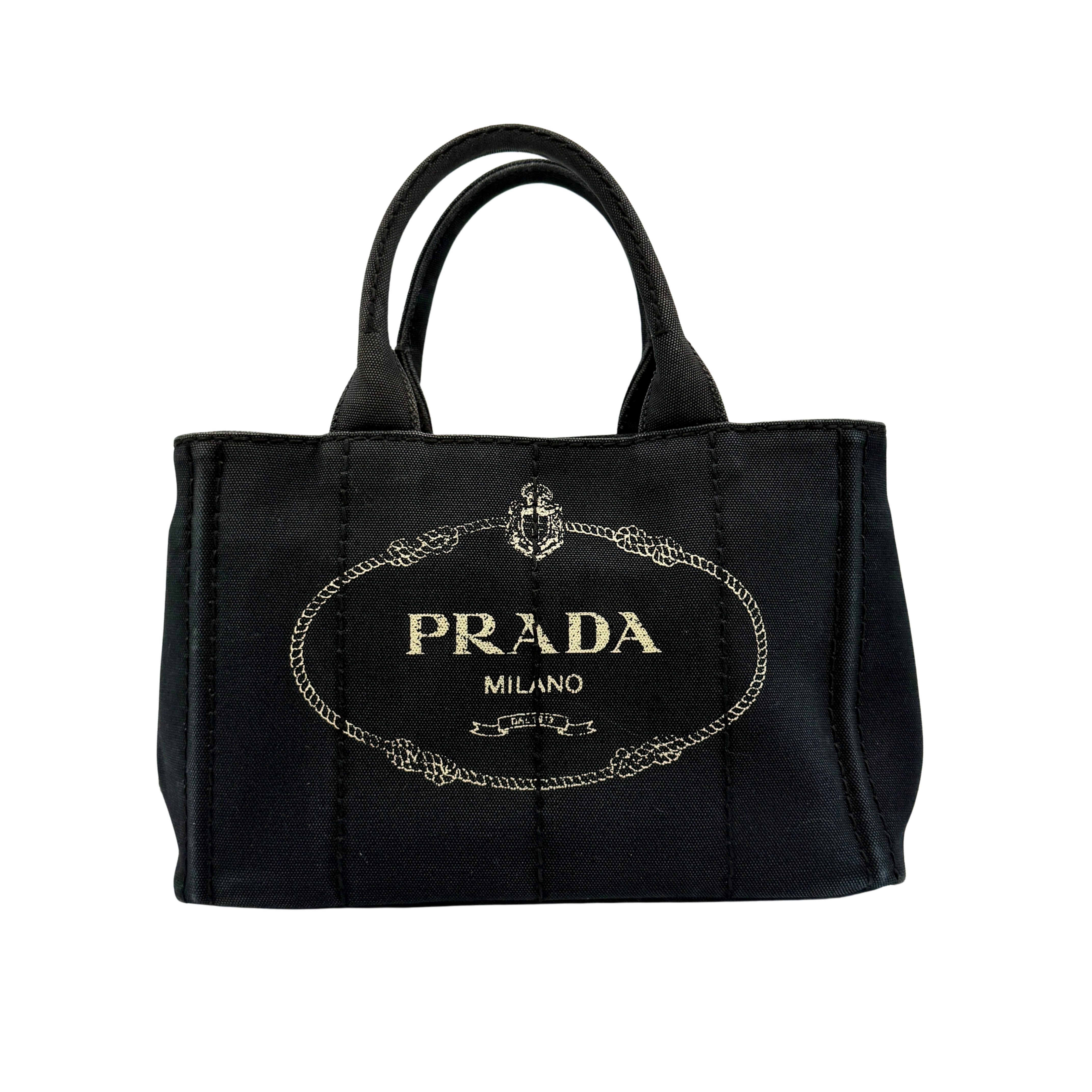 Front-facing Prada Canapa Embroidered Logo Tote in black canvas with ivory stitched logo and double handles.