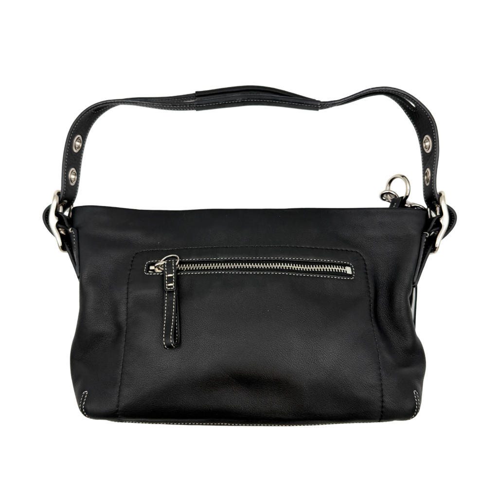 Coach Signature East West Shoulder Bag in black leather with silver hardware and contrast stitching, displayed on a white background.