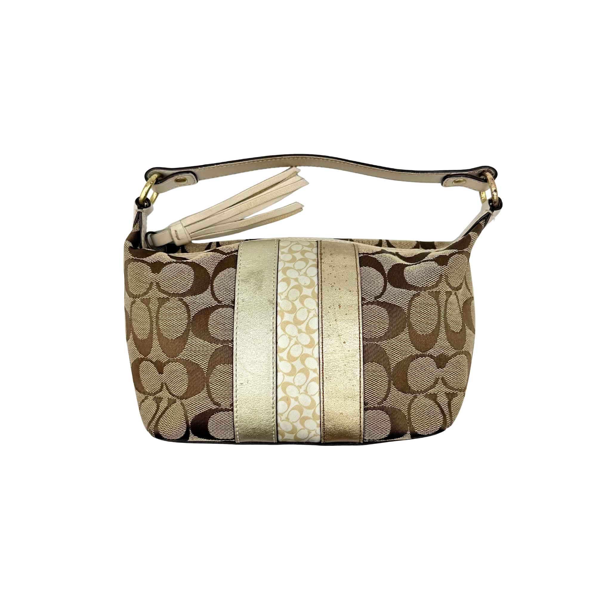 Coach Signature Stripe Mini Hobo Shoulder Bag in beige and gold with monogram canvas, cream leather trim, and gold stripes.