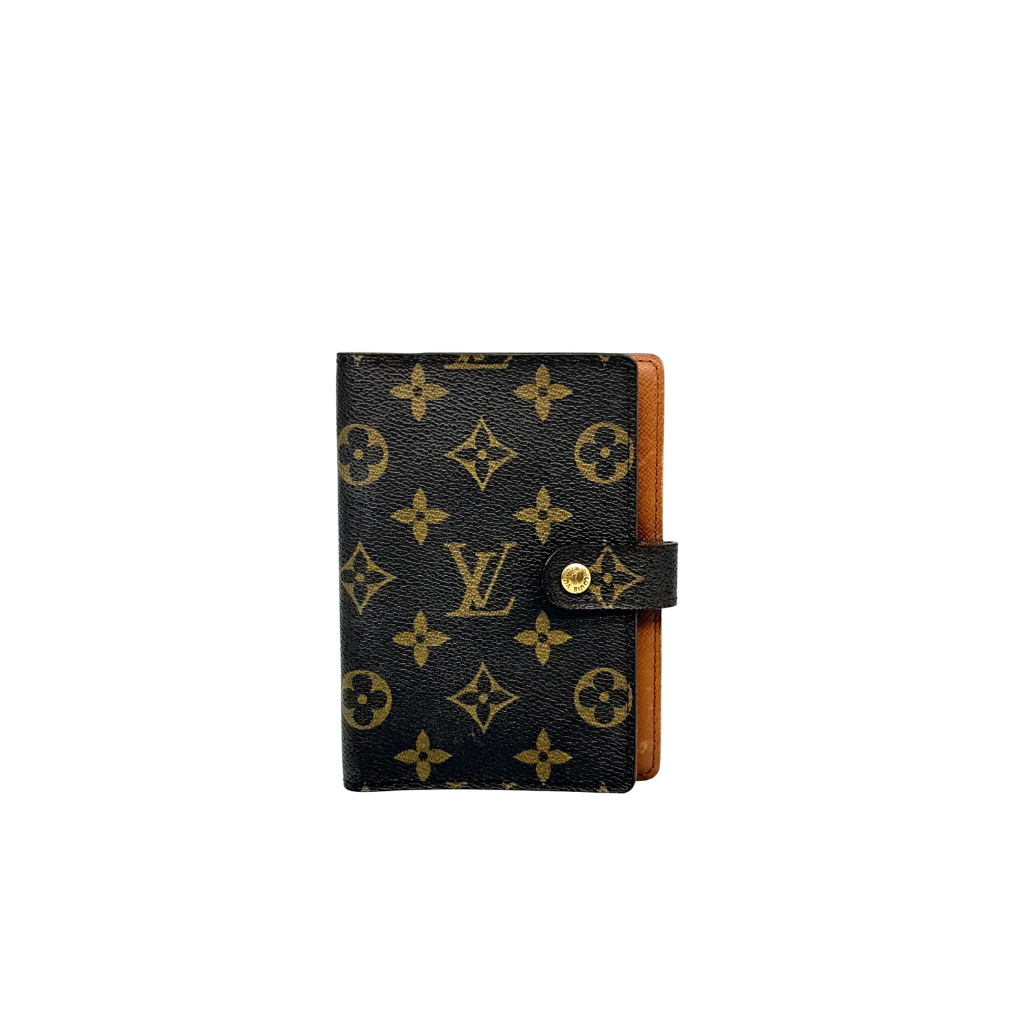 Louis Vuitton Monogram Agenda Cover in brown canvas with gold snap closure, displayed against a white background.