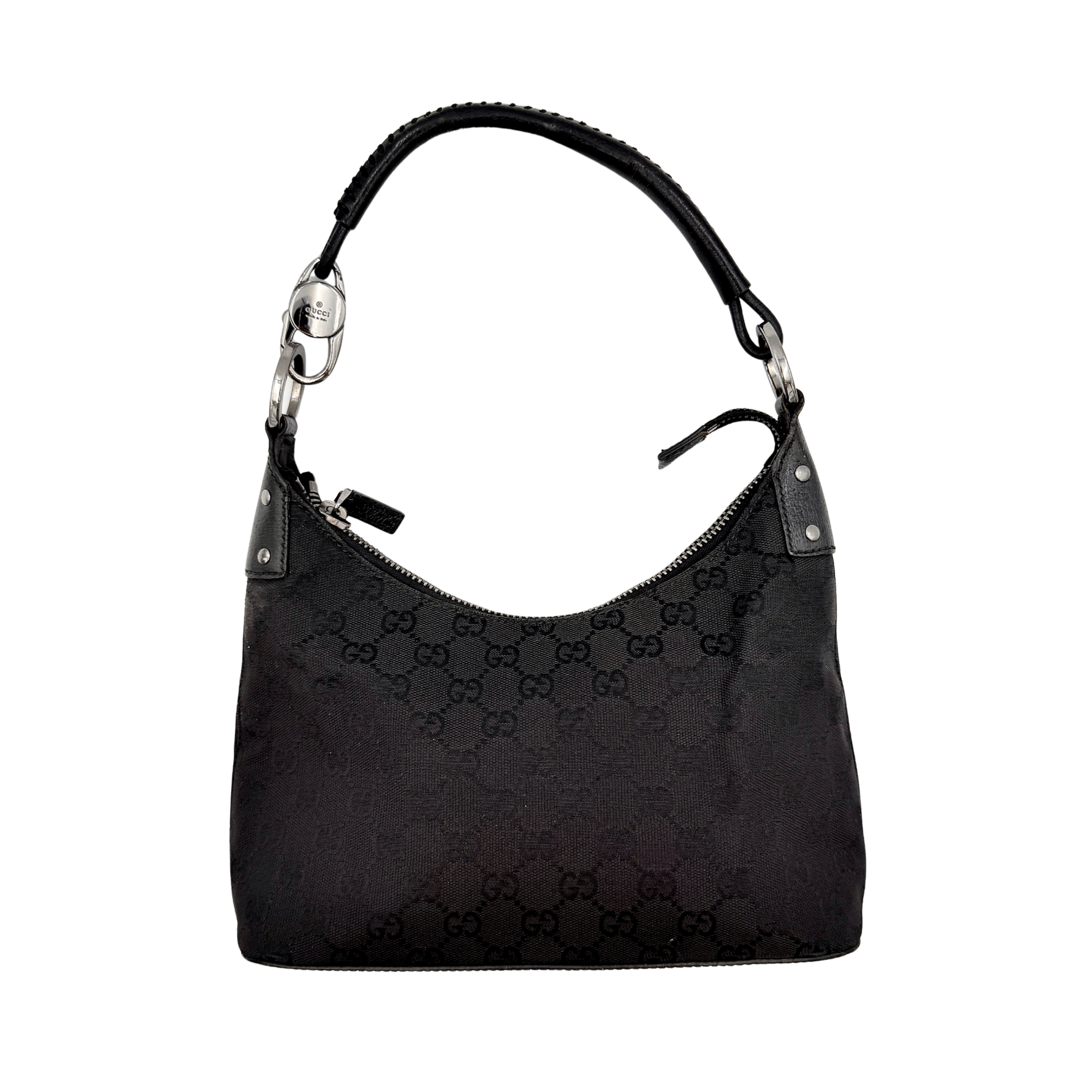 Gucci GG Monogram Lock Hobo Shoulder Bag in black jacquard canvas with leather trim and silver-tone hardware, shown on a white background.