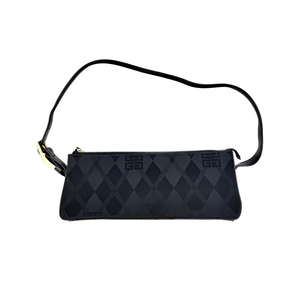 Givenchy 4G Monogram Pochette Shoulder Bag in black jacquard with leather strap and gold-tone hardware, photographed on white background.