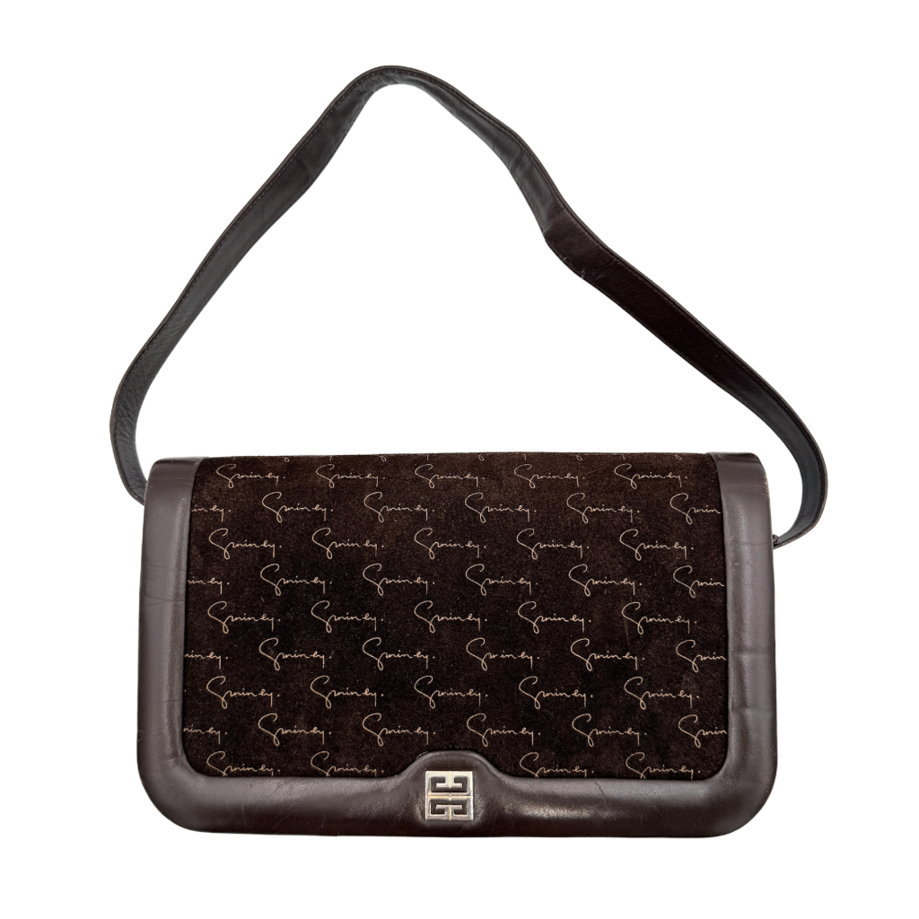 Givenchy 4G Monogram brown suede shoulder bag with leather trim and silver-tone clasp, photographed on a white background.