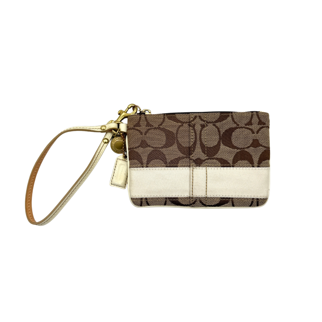 Coach Signature Stripe Wristlet in beige and cream jacquard, accented with a cream leather strap and gold-tone hardware.