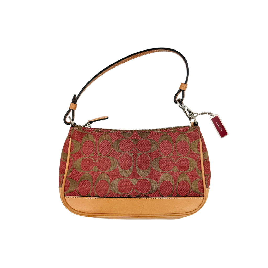 Coach Y2K Demi Shoulder Bag in red and tan signature monogram with leather trim, shown with leather strap and Coach tag.