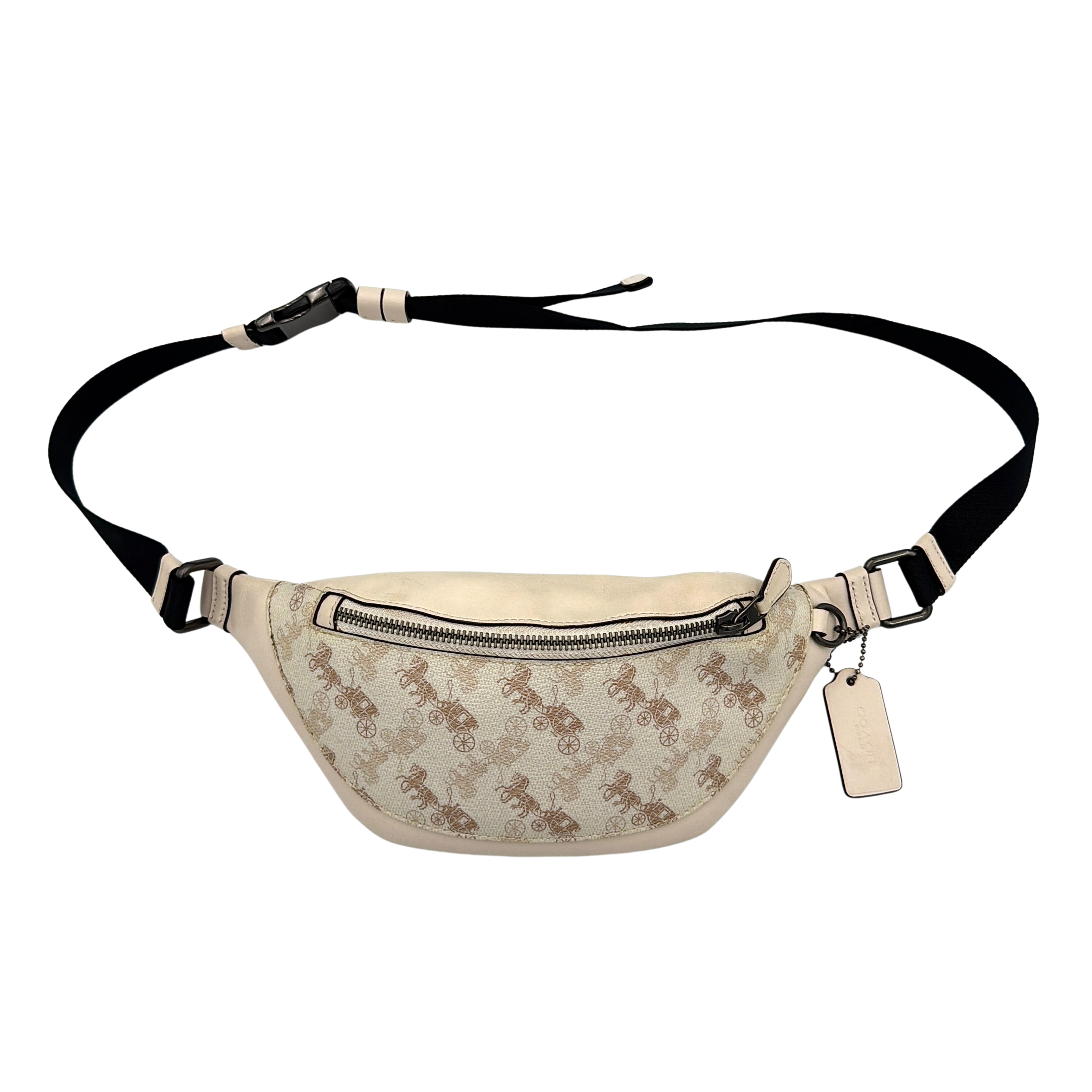 Coach Mini Warren belt bag in cream canvas with tan horse and carriage motif, leather trim, and black adjustable strap.
