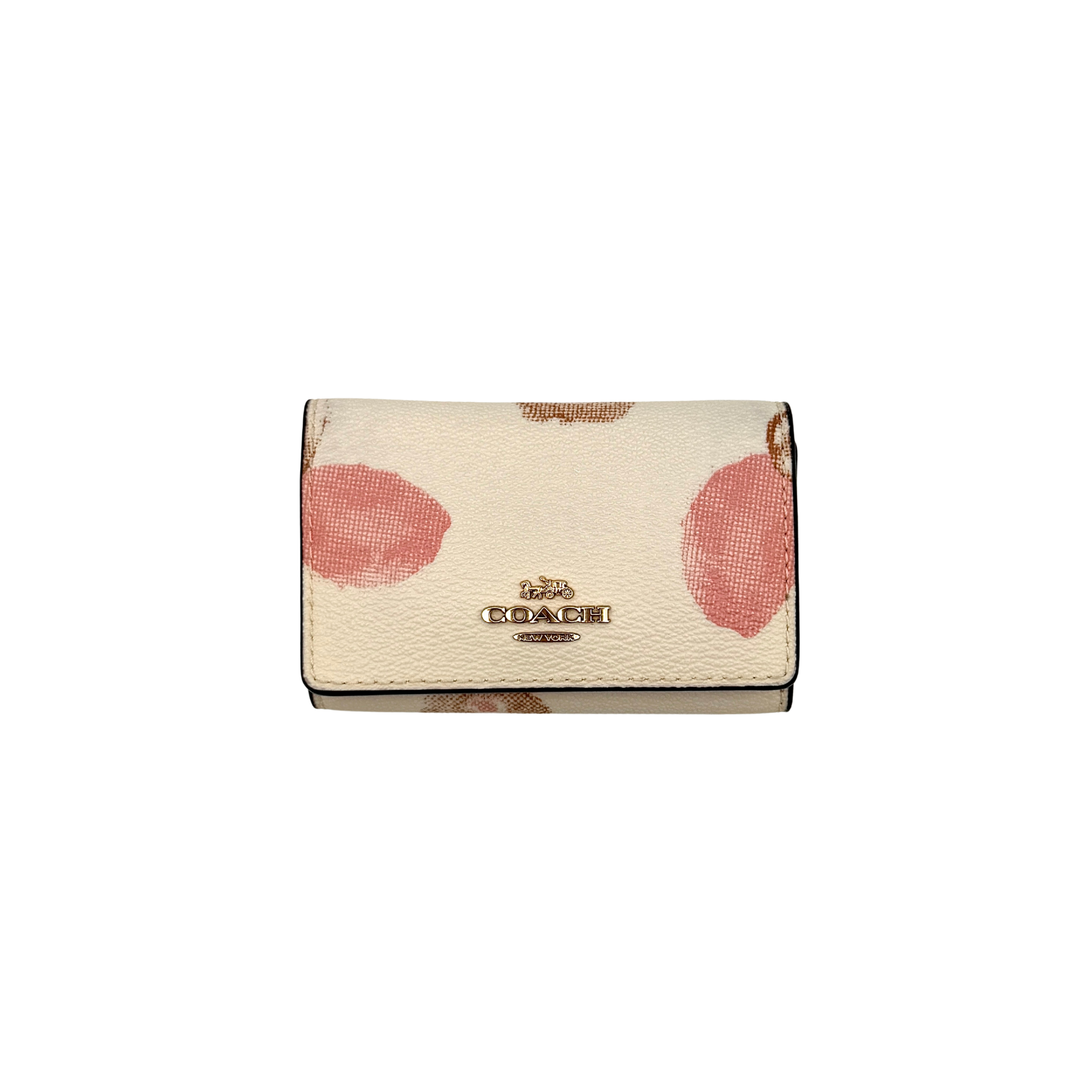 Coach floral print key case in cream with pink and brown blossom accents, gold hardware and structured silhouette.