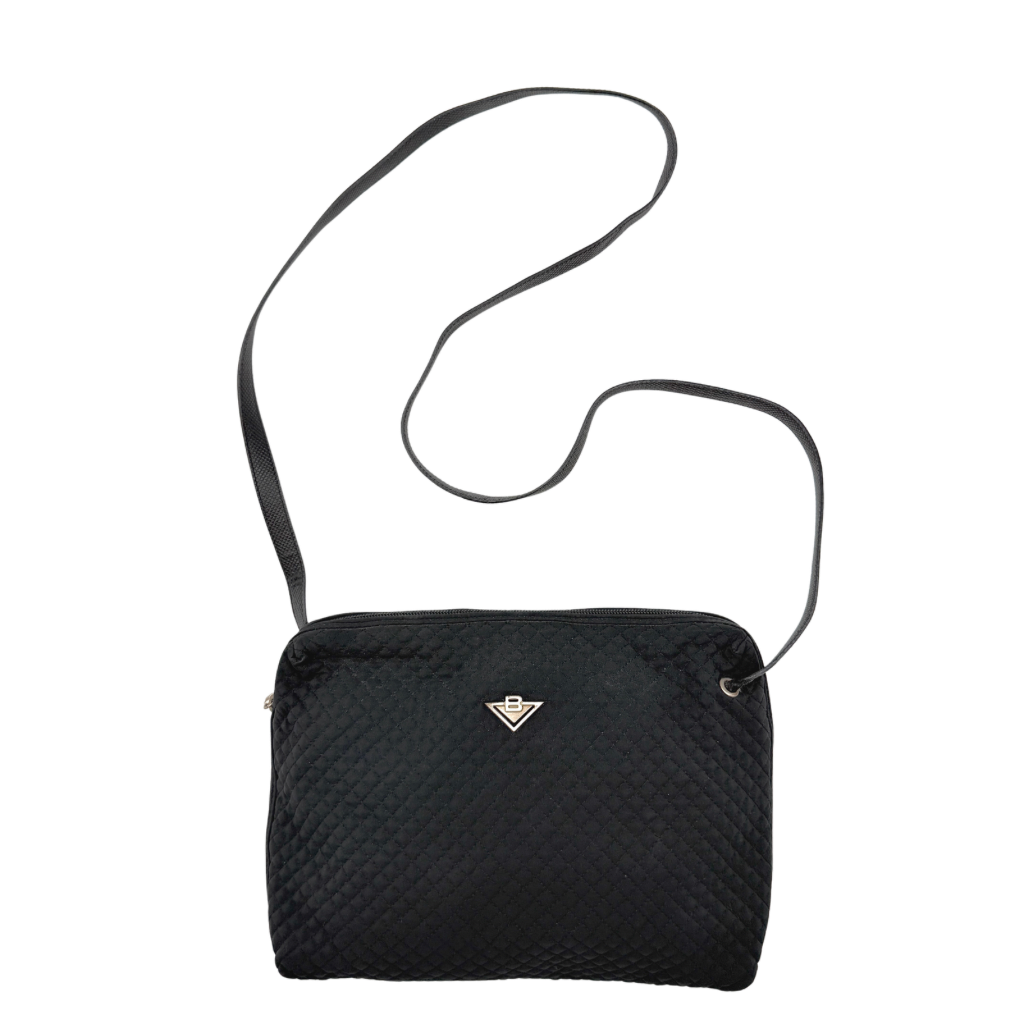 Bottega Veneta black quilted nylon crossbody bag with silver-tone logo hardware and leather strap.
