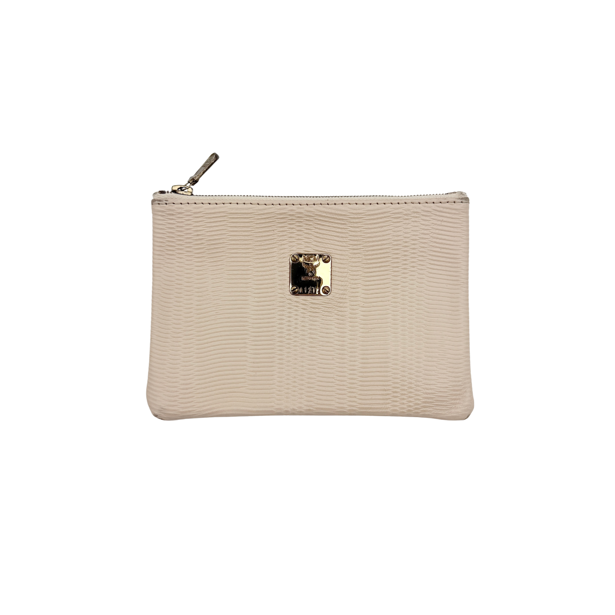 MCM Gold Logo Plaque Pouch Beige