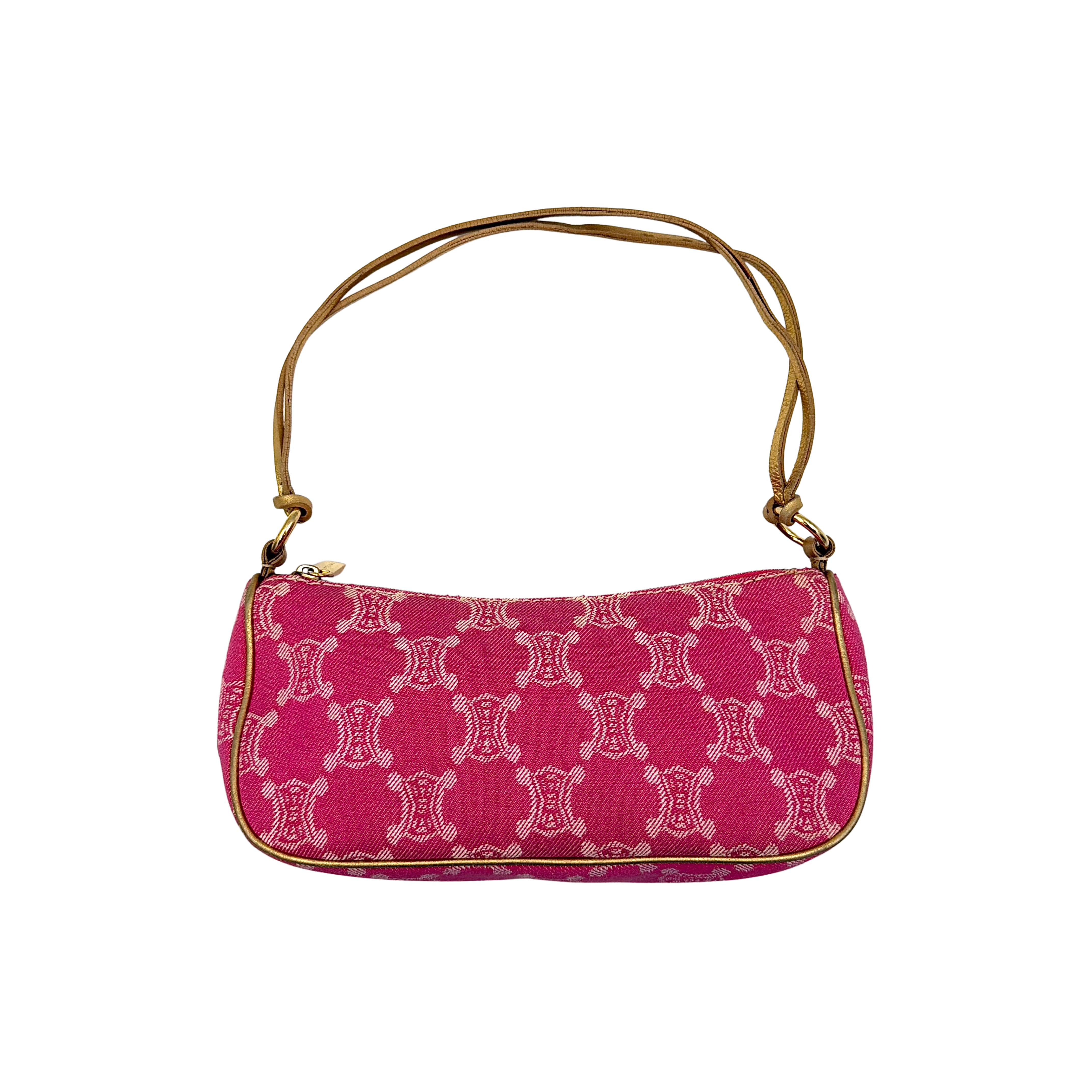 Front view of the Celine Macadam pink denim shoulder bag with gold-tone leather strap and triomphe monogram print.