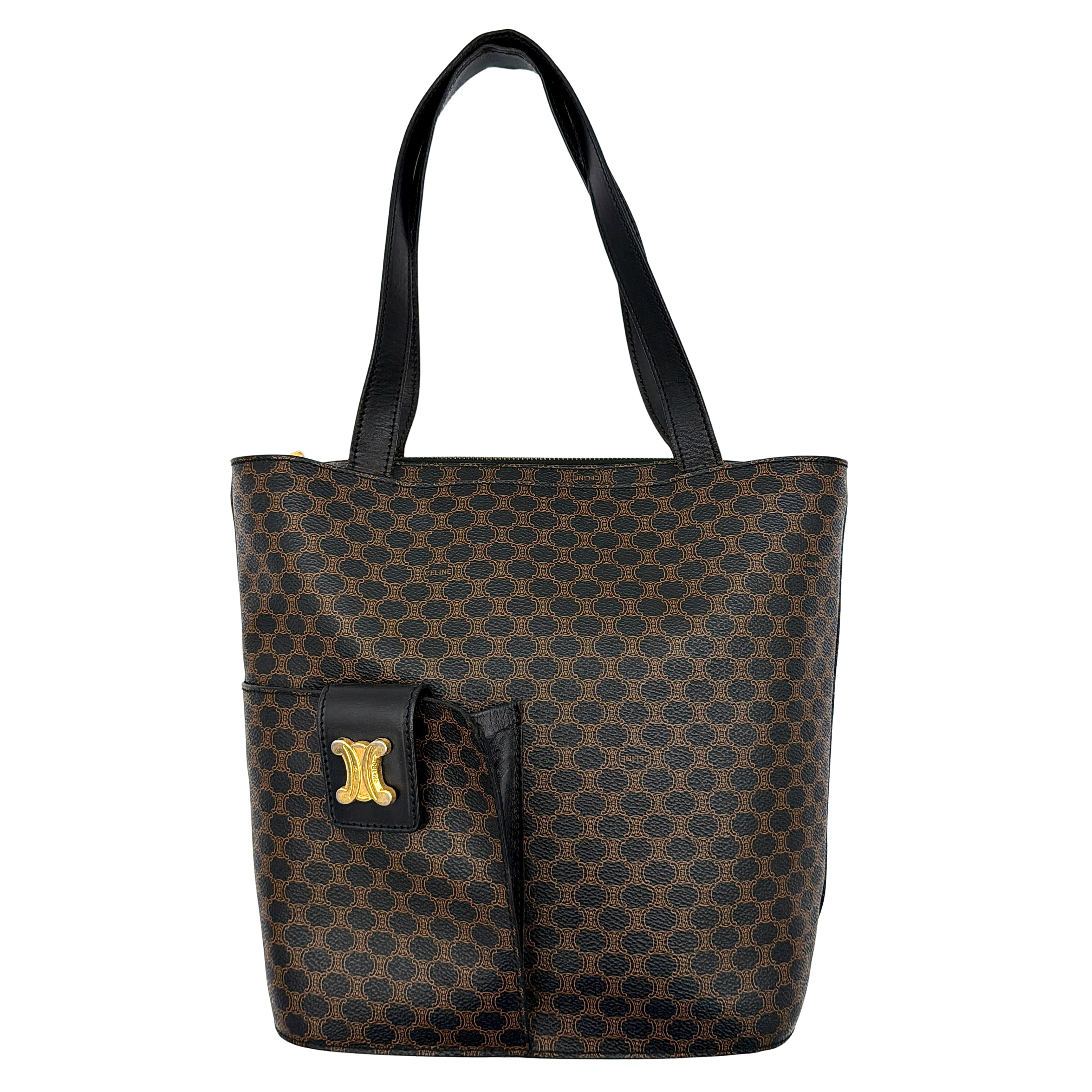 Celine Macadam Blason Tote Bag in brown coated canvas with all-over Macadam motif, black leather trim, and gold-tone Blason emblem front pocket.