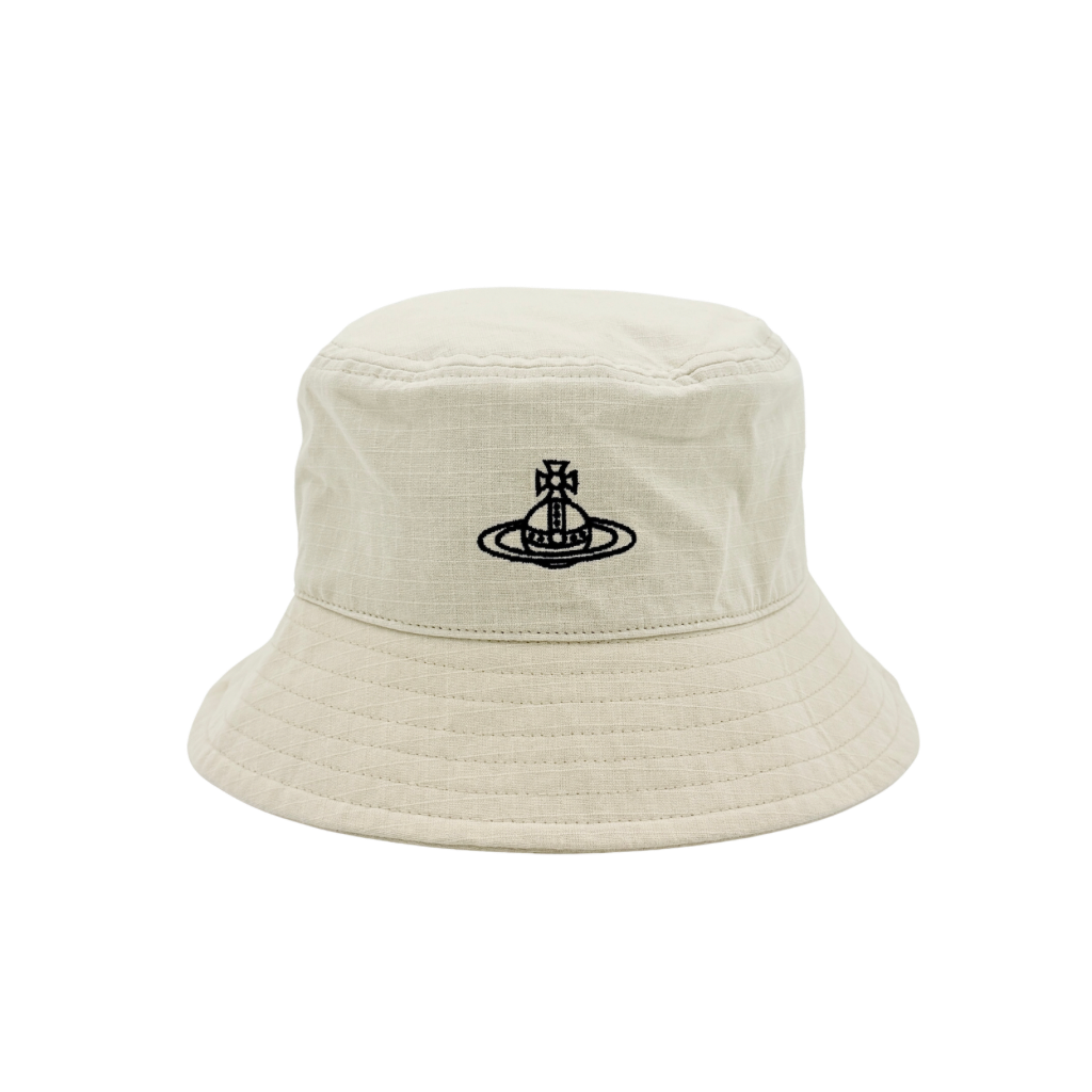 Vivienne Westwood Orb London bucket hat in cream cotton with black embroidery, shown from the front.