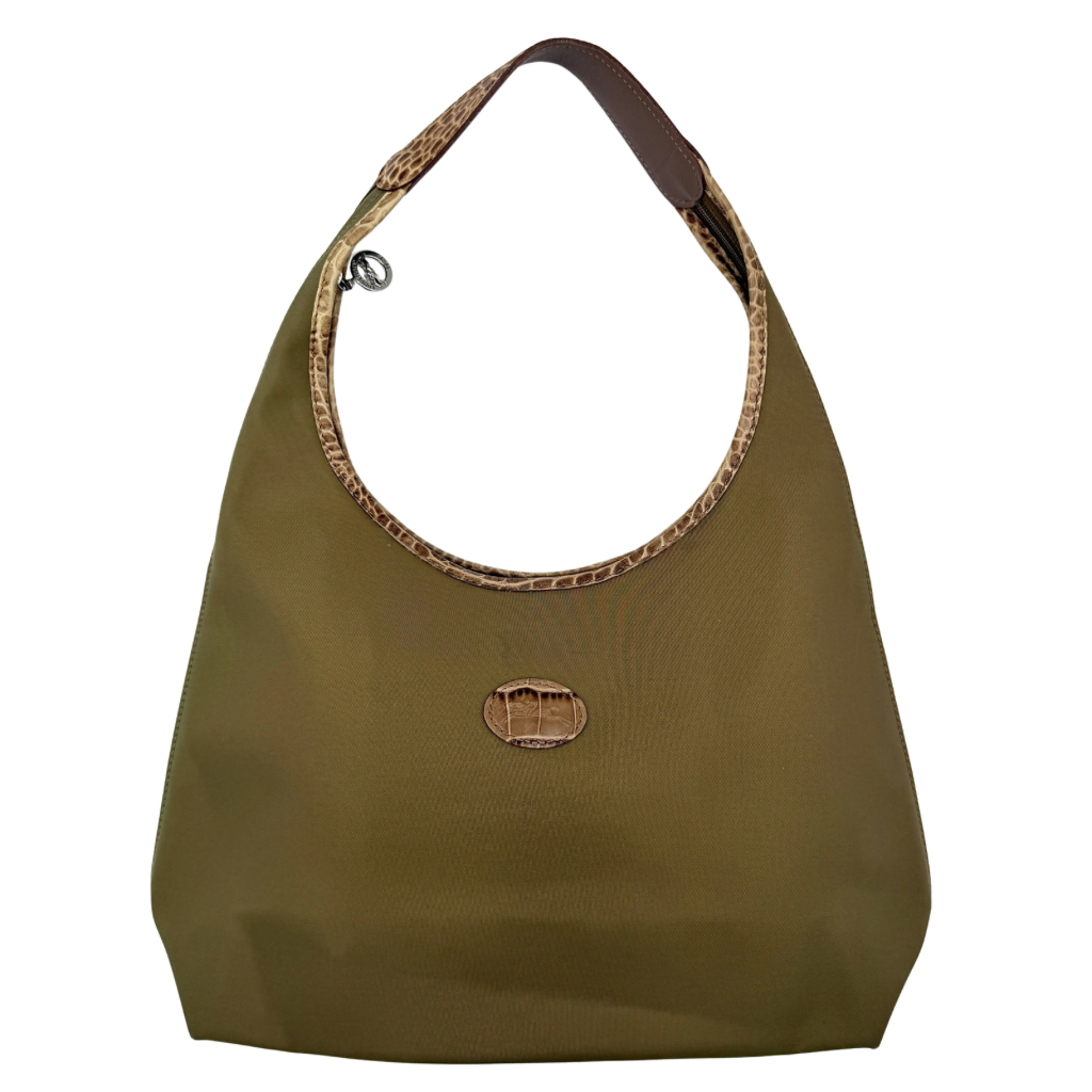 Longchamp Sac Porte Epaule hobo shoulder bag in brown nylon with lizard-embossed leather trim and a wide single handle.