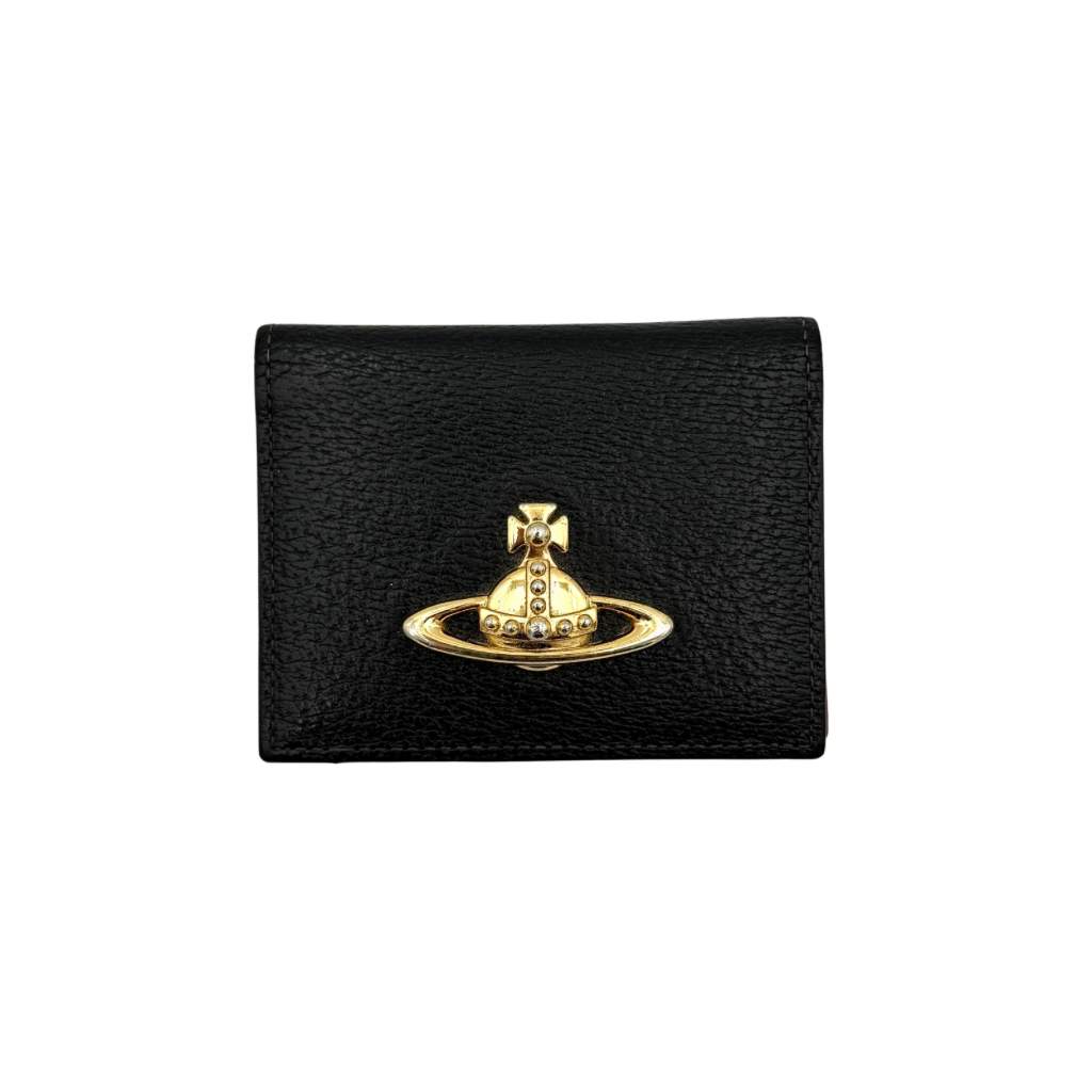 Vivienne Westwood black grained leather cardholder with gold orb emblem on the front flap.