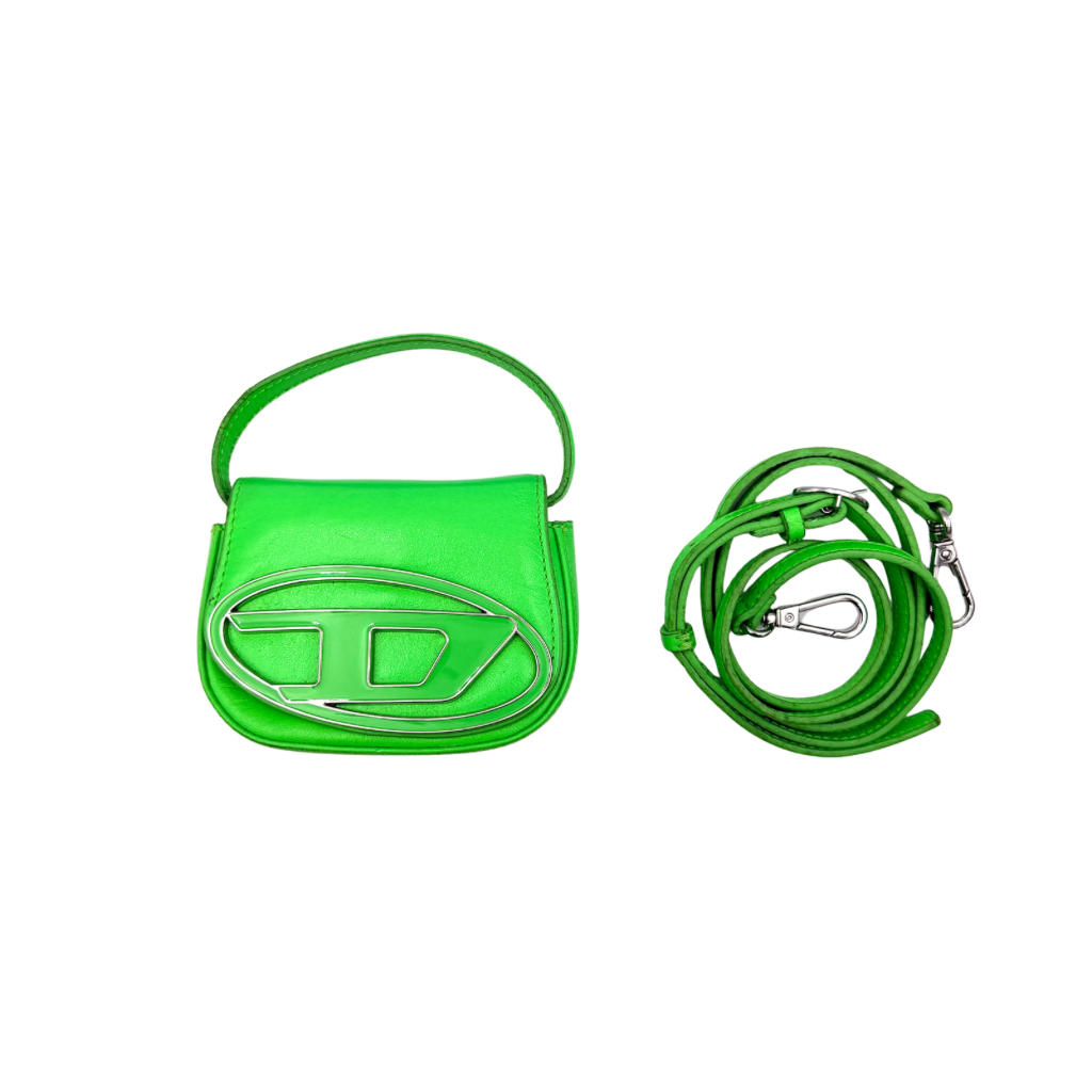 Diesel 1DR-XS Mini Bag in vivid neon green leather with bold silver D plaque and detachable strap, presented against a clean background.