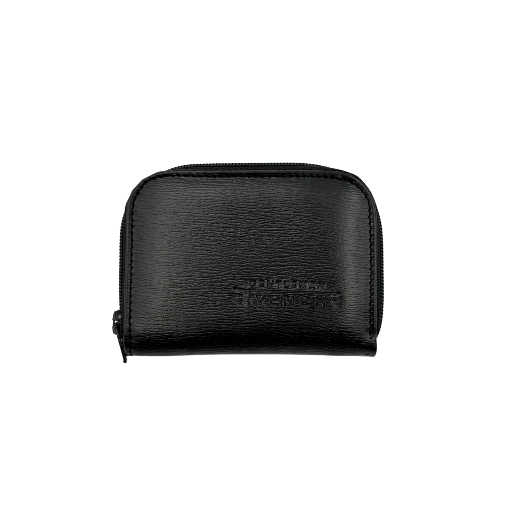 Givenchy Gentleman black leather coin purse with zip-around closure, shown against a white background.