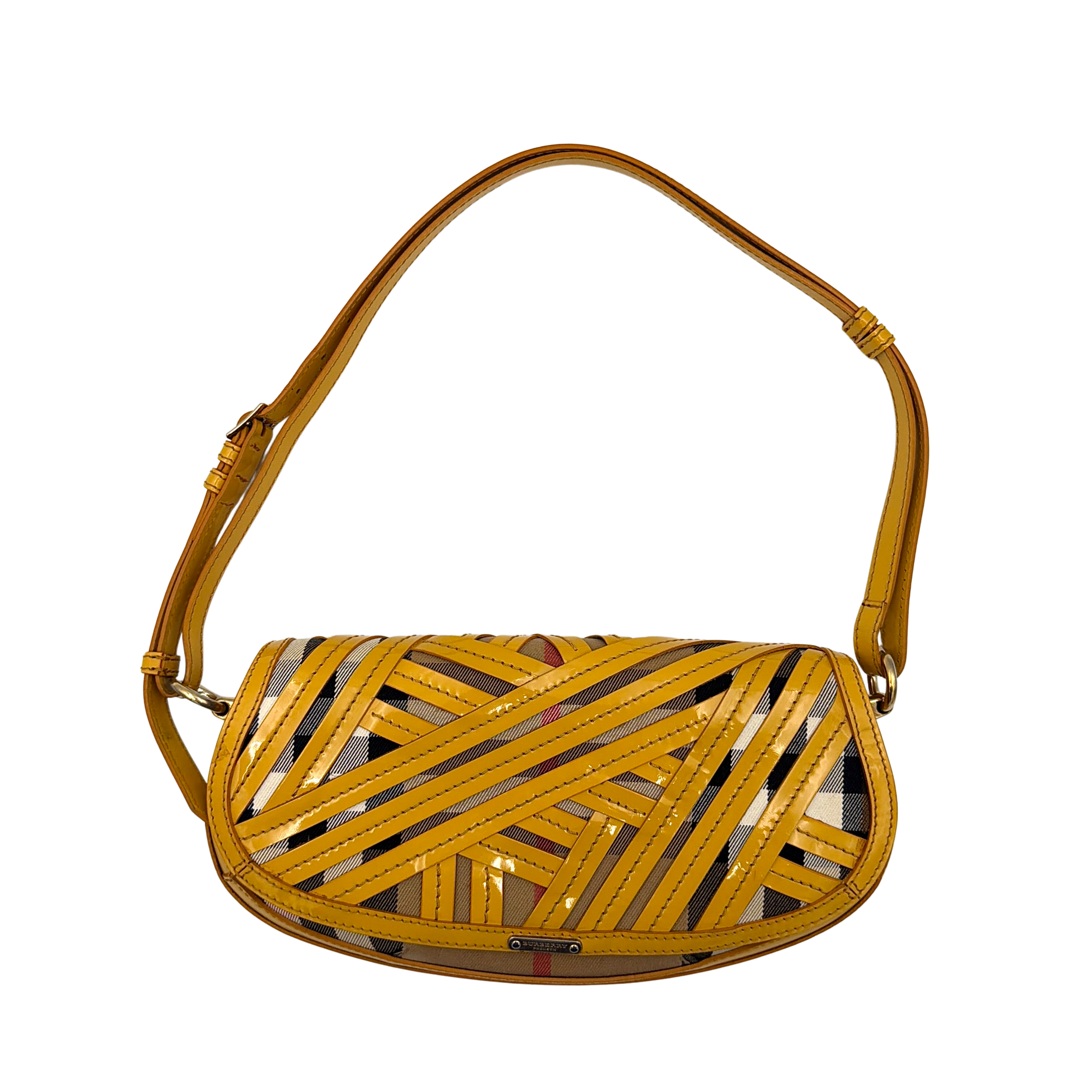 Burberry Prorsum Nova Check Shoulder Bag in yellow patent leather patchwork over classic check canvas, styled with a shoulder strap and silver hardware.