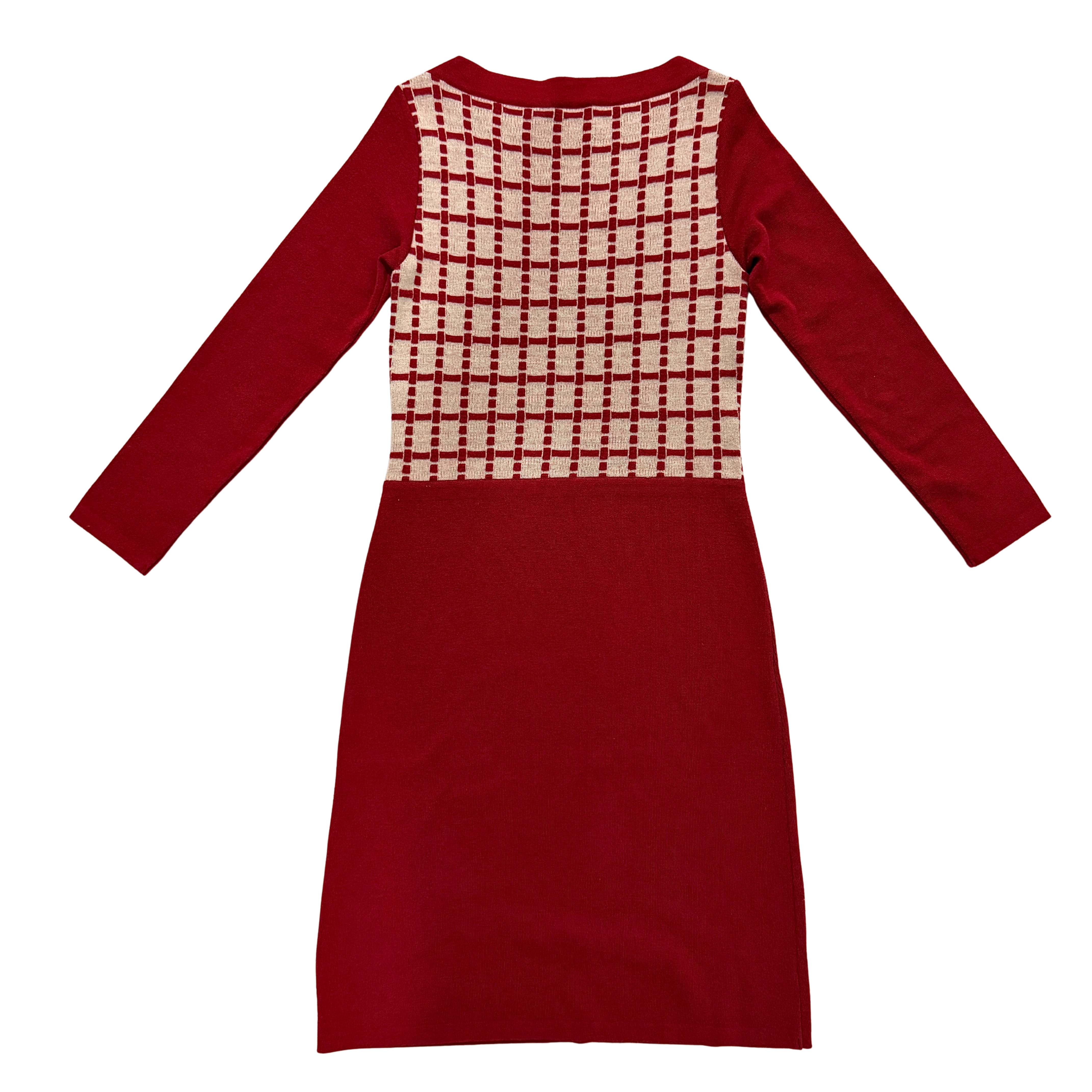 Balenciaga La Mode Check Knit Dress in red with cream checkered bodice, long sleeves, and a slim, structured silhouette.