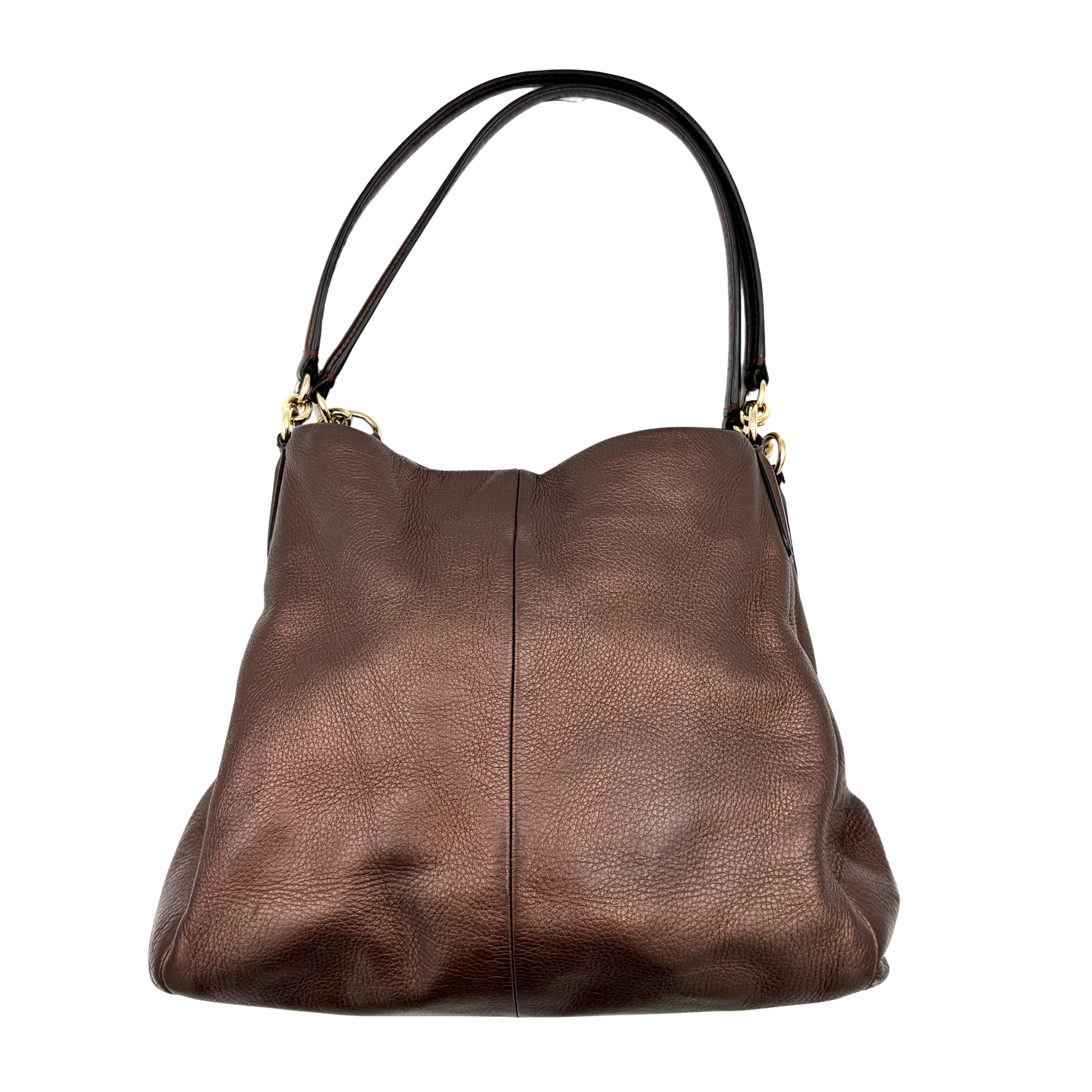 Coach Madison Phoebe Shoulder Bag in rich brown pebbled leather with double shoulder straps and gold-tone hardware, shown upright against a white backdrop.