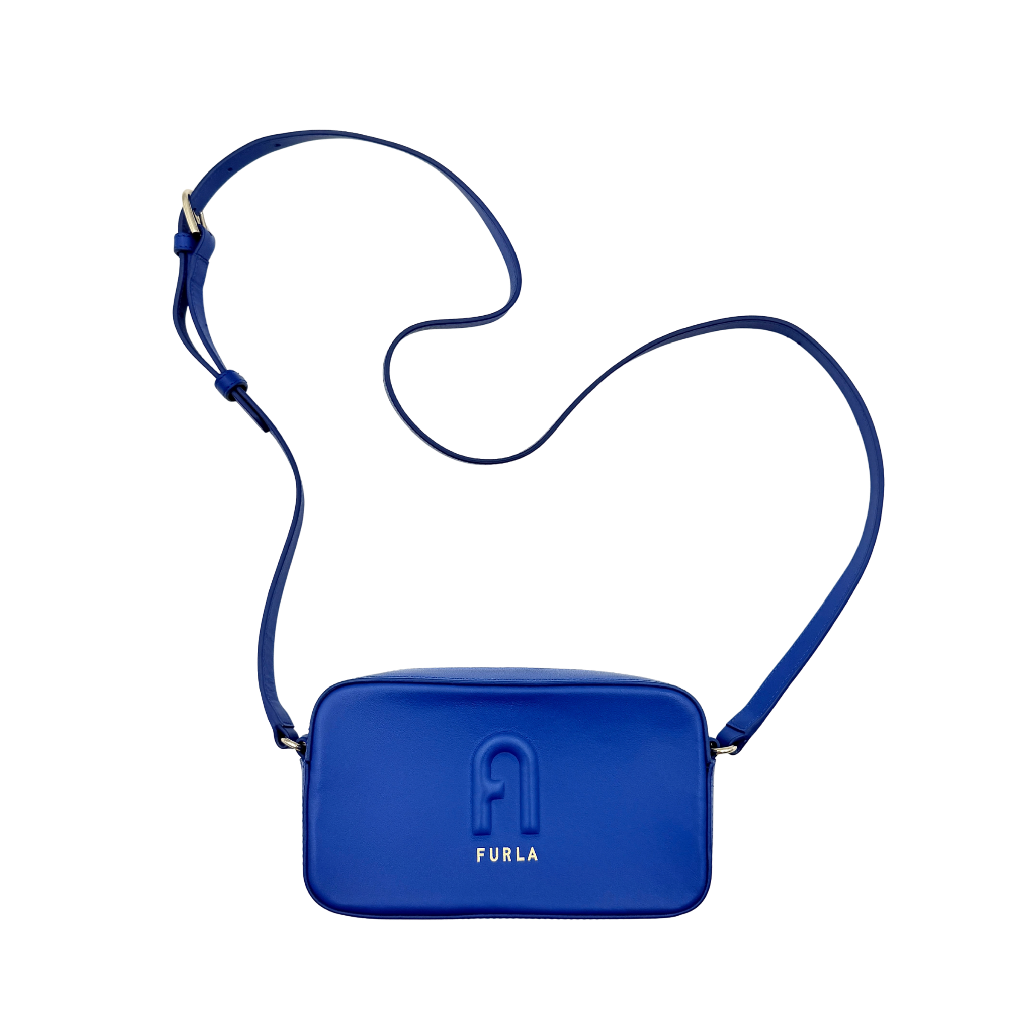 Furla Primula Mini Camera Crossbody Bag in vibrant blue leather with embossed logo, shown with adjustable strap.