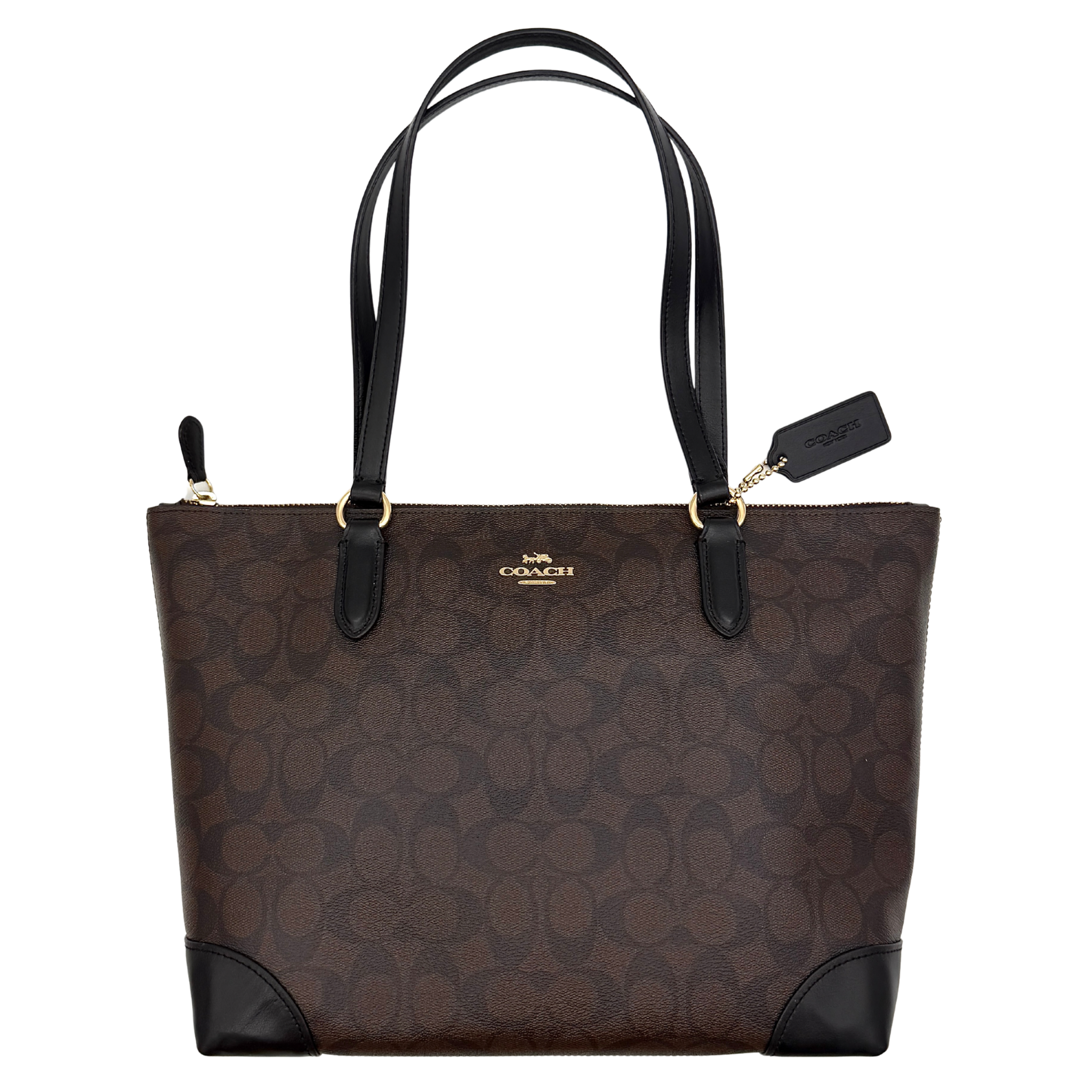 Coach Signature Zip Top Tote Bag Brown/Black