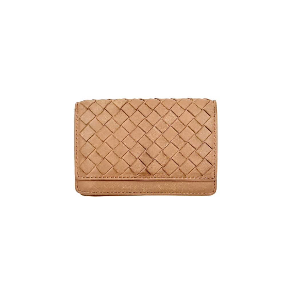 Bottega Veneta beige intrecciato leather card holder with woven front panel, shown on a plain background.