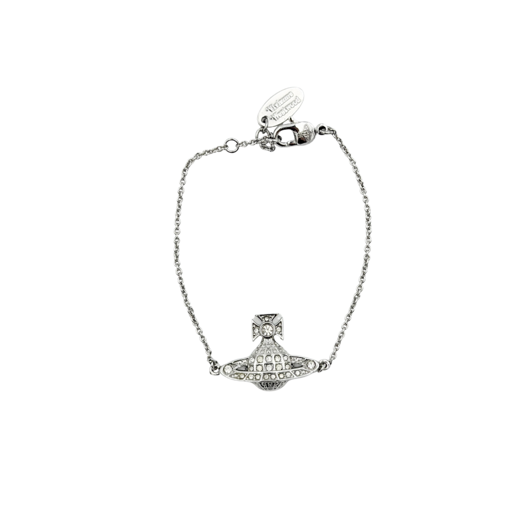 Vivienne Westwood silver rhinestone Orb bracelet with delicate chain and branded tag, shown against a clean background.