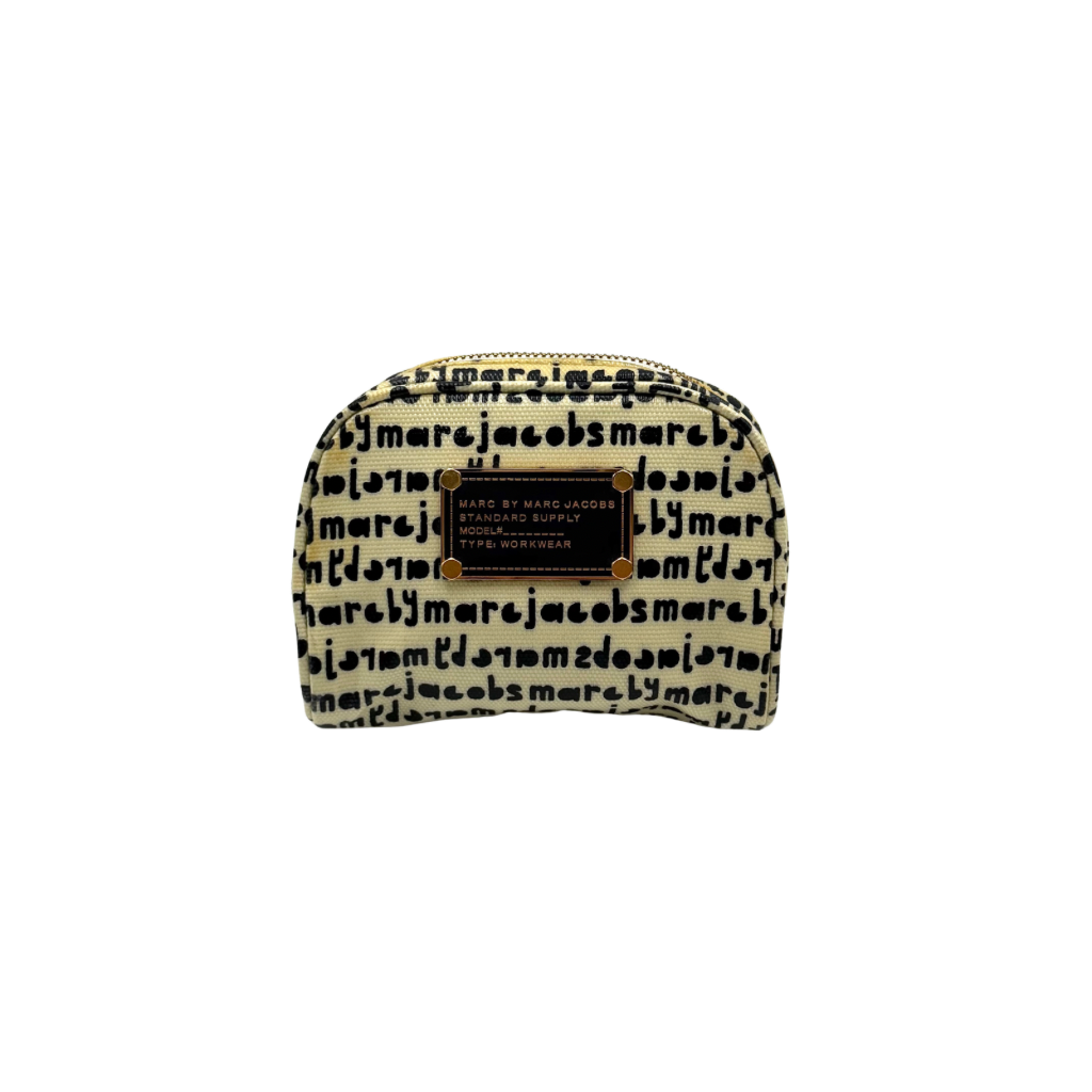 Marc Jacobs dome-shaped cosmetic case in cream coated canvas with navy script and gold hardware.