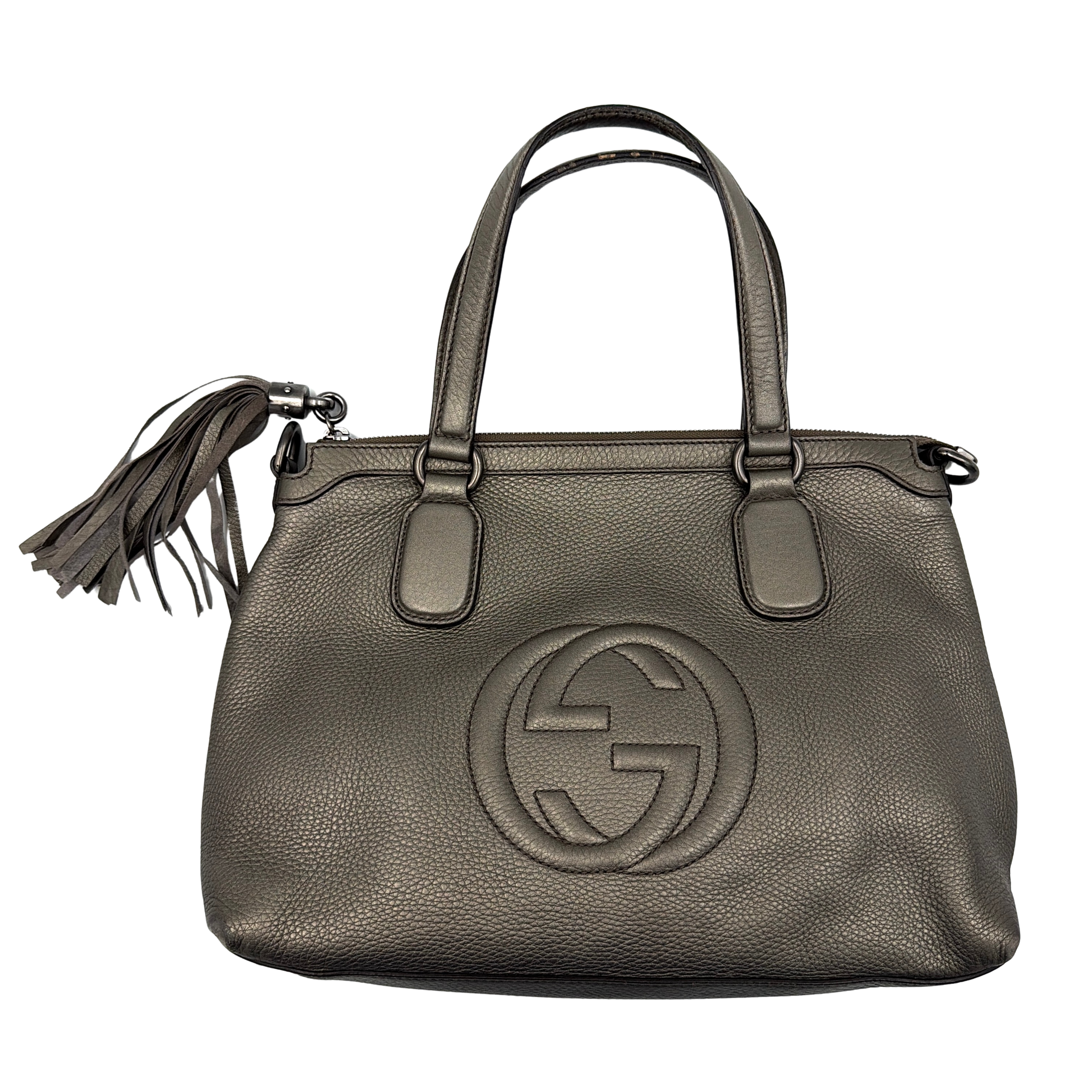 Gucci GG Soho Shoulder Bag in grey pebbled leather, featuring dual top handles, oversized stitched GG logo, and a leather tassel zip pull.