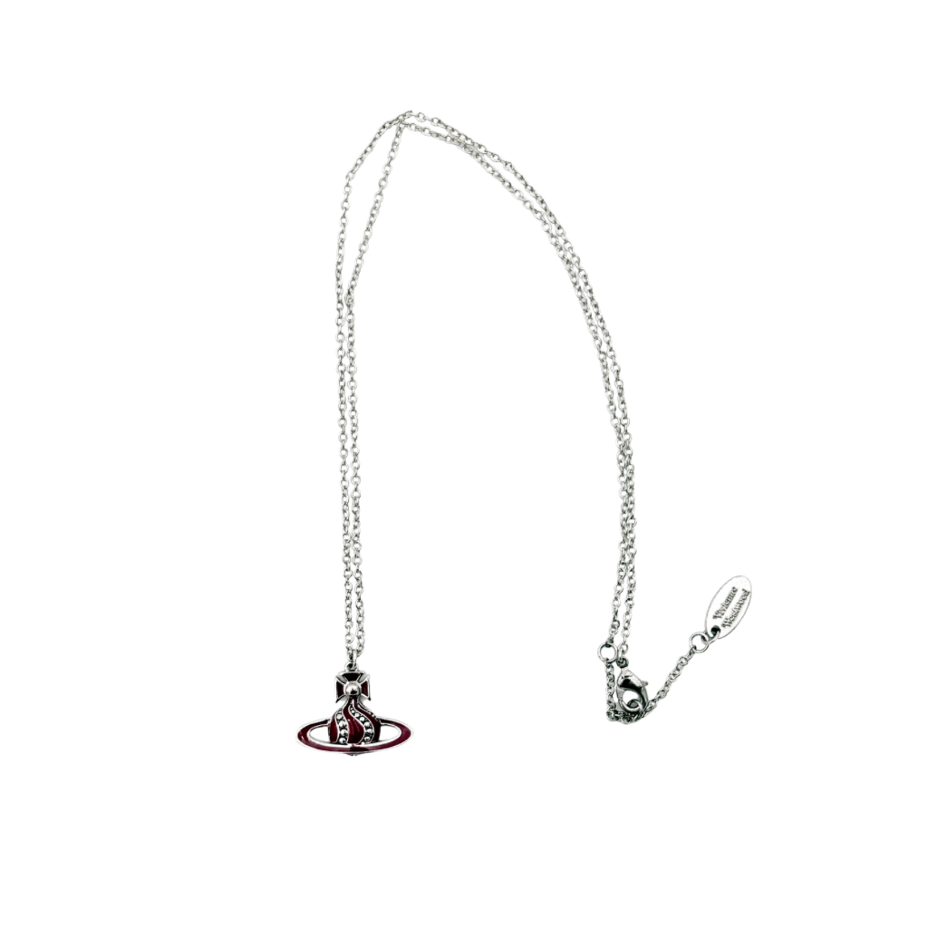 Vivienne Westwood Orb Enamel Necklace in burgundy and silver, featuring the signature orb pendant on a fine chain.