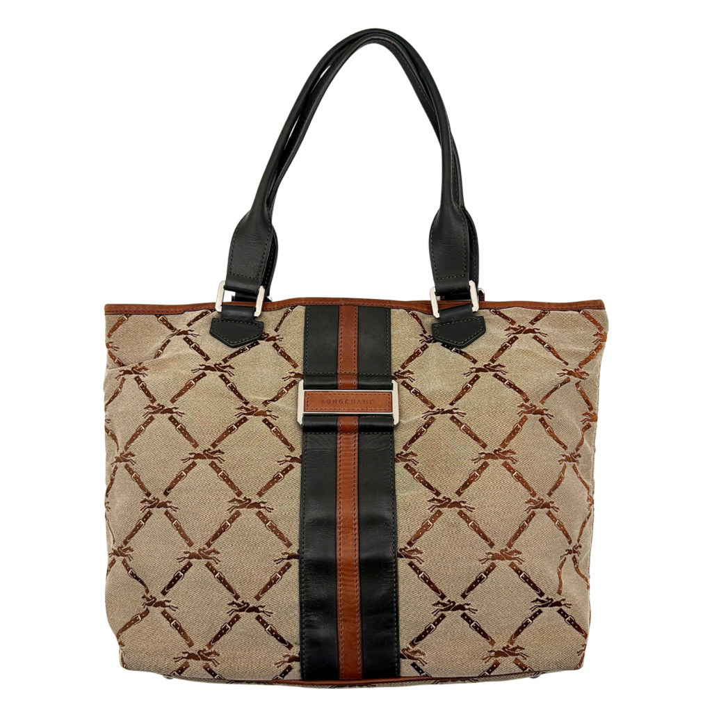 Longchamp beige jacquard tote bag with brown and black leather centre stripe and structured leather handles.