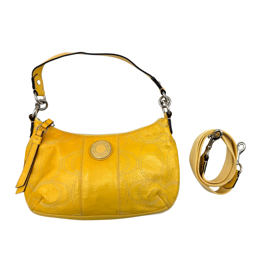 Coach 2Way Signature Stripe Patent Shoulder Bag in patent sunflower yellow leather with signature stitching and detachable strap displayed.