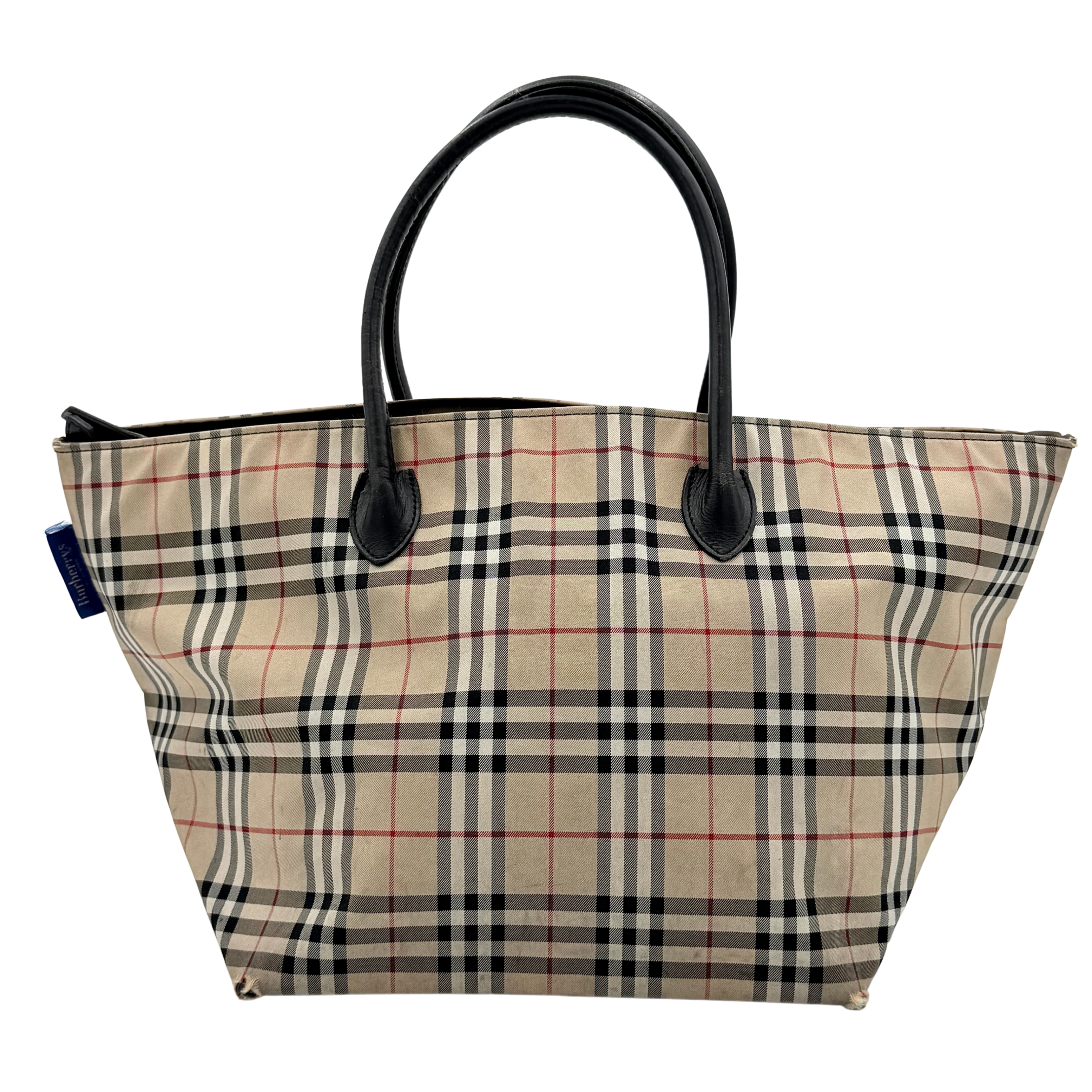 Burberry Nova Check shoulder bag in beige and black with black leather handles and zip closure.
