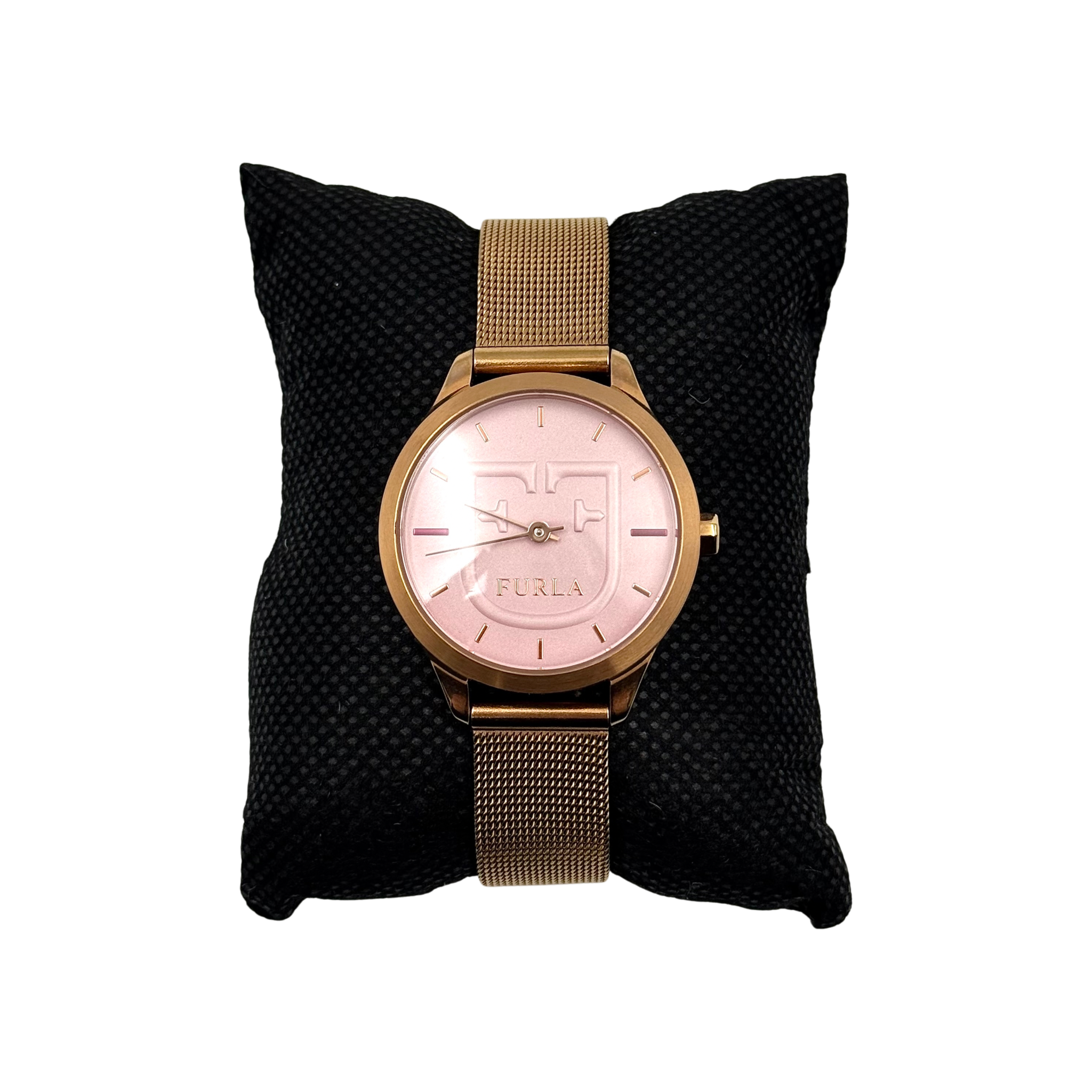 Furla WR 5 ATM watch with pink dial and rose gold Milanese mesh strap displayed on a black cushion.