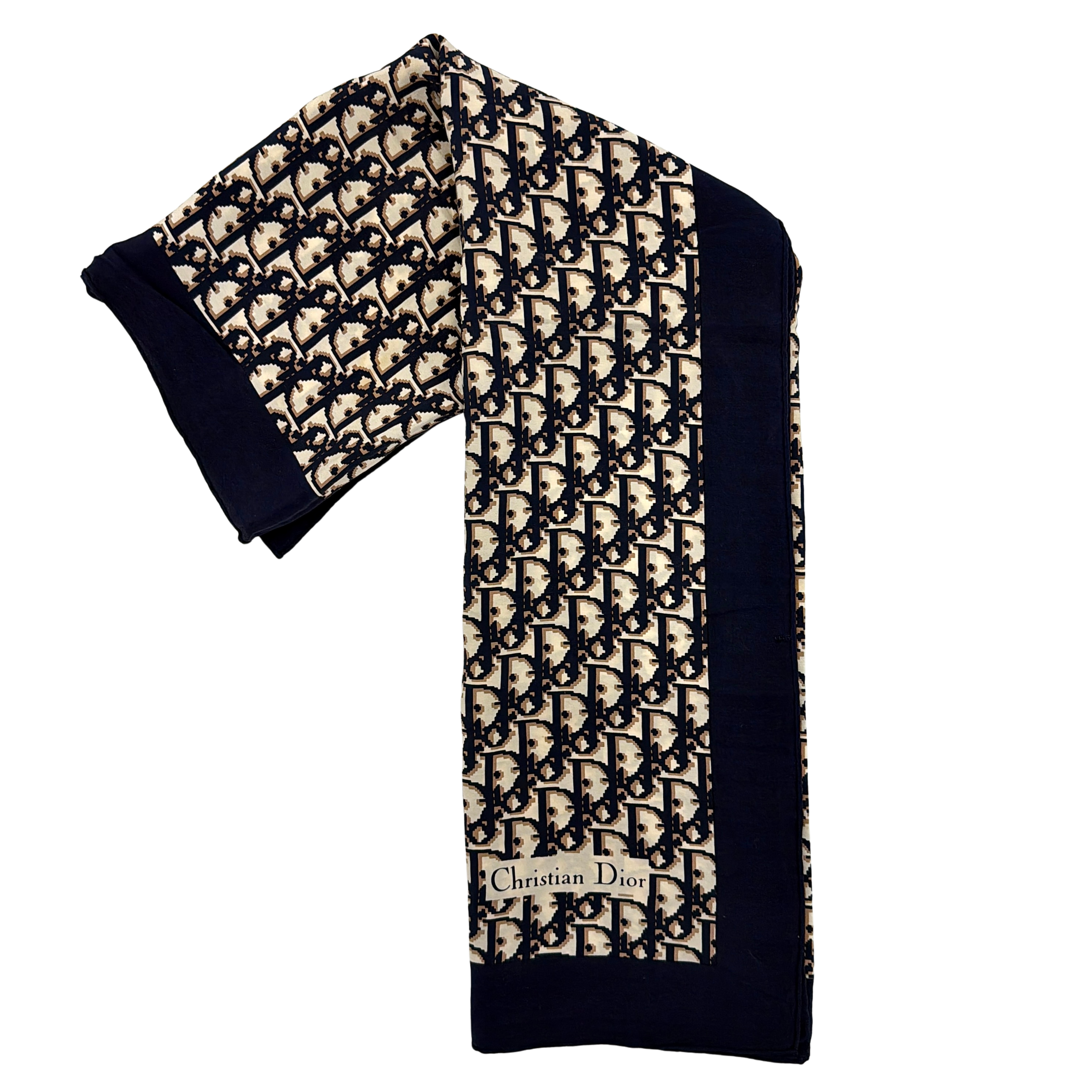 Dior Monogram Silk Scarf in navy blue and cream, featuring the classic oblique CD pattern and a navy border with a Christian Dior signature.