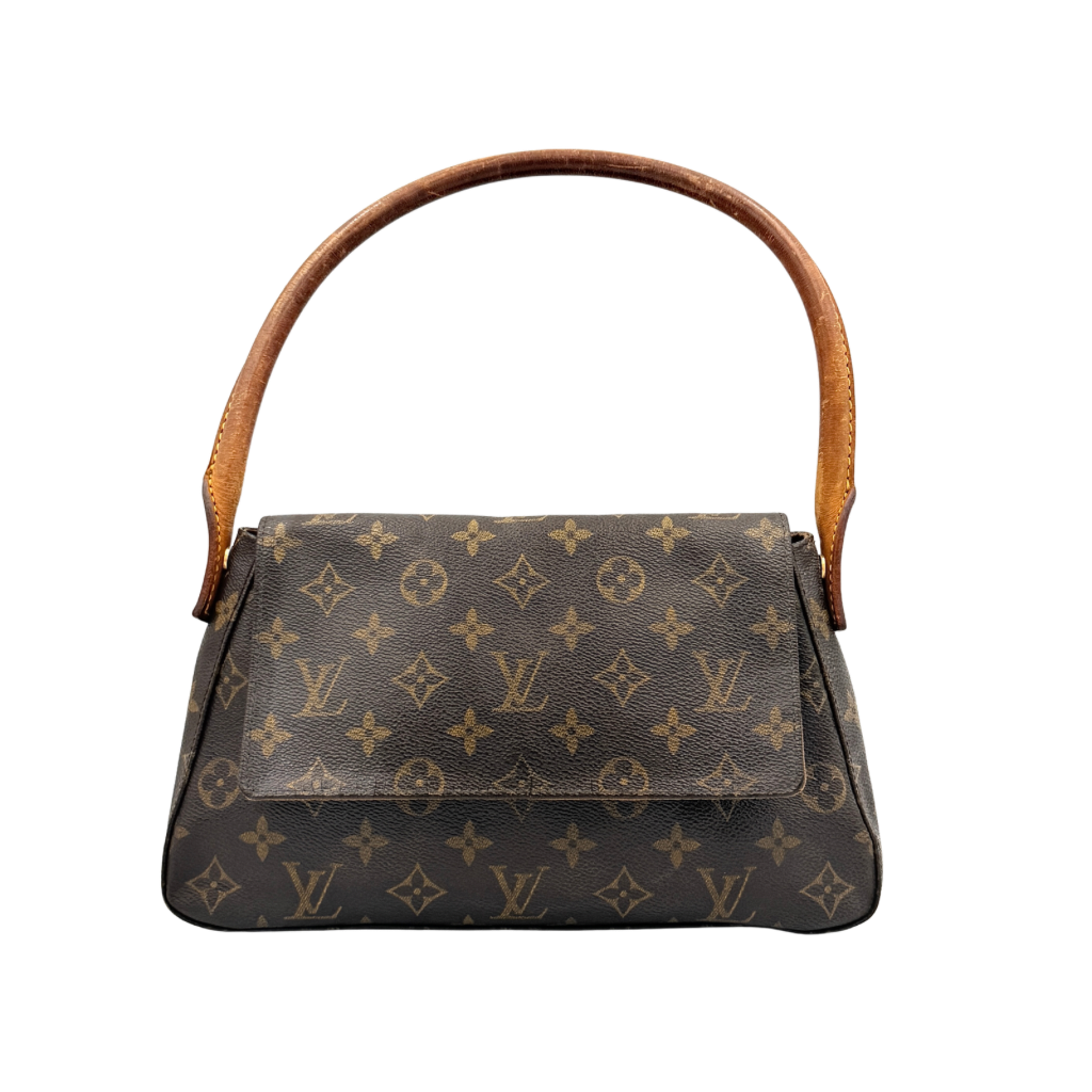 Louis Vuitton Monogram Mini Looping Shoulder Bag in brown monogram canvas with curved vachetta leather shoulder strap displayed upright.
