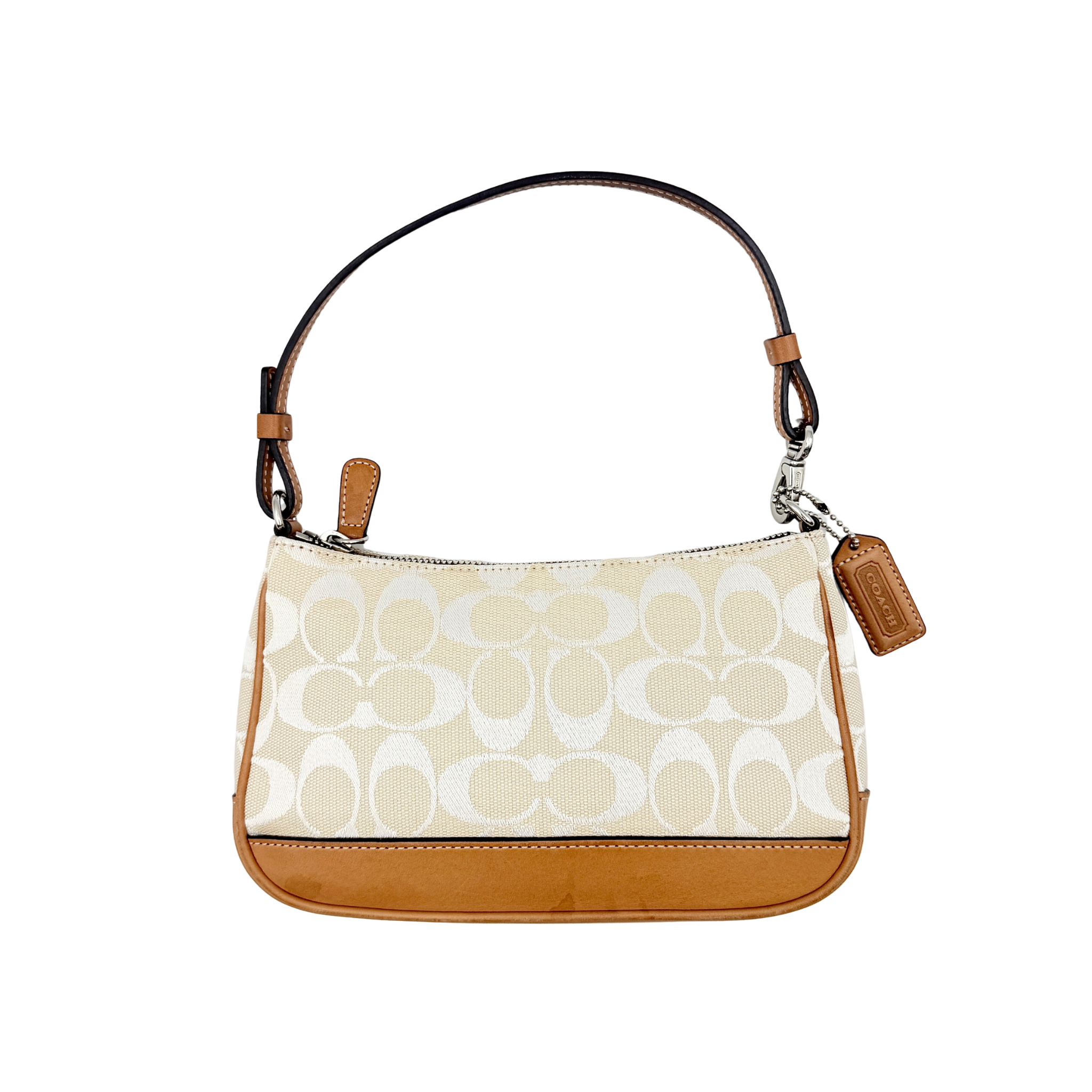 Coach Y2K Demi Shoulder Bag in cream and tan jacquard canvas with leather trim and signature tag.