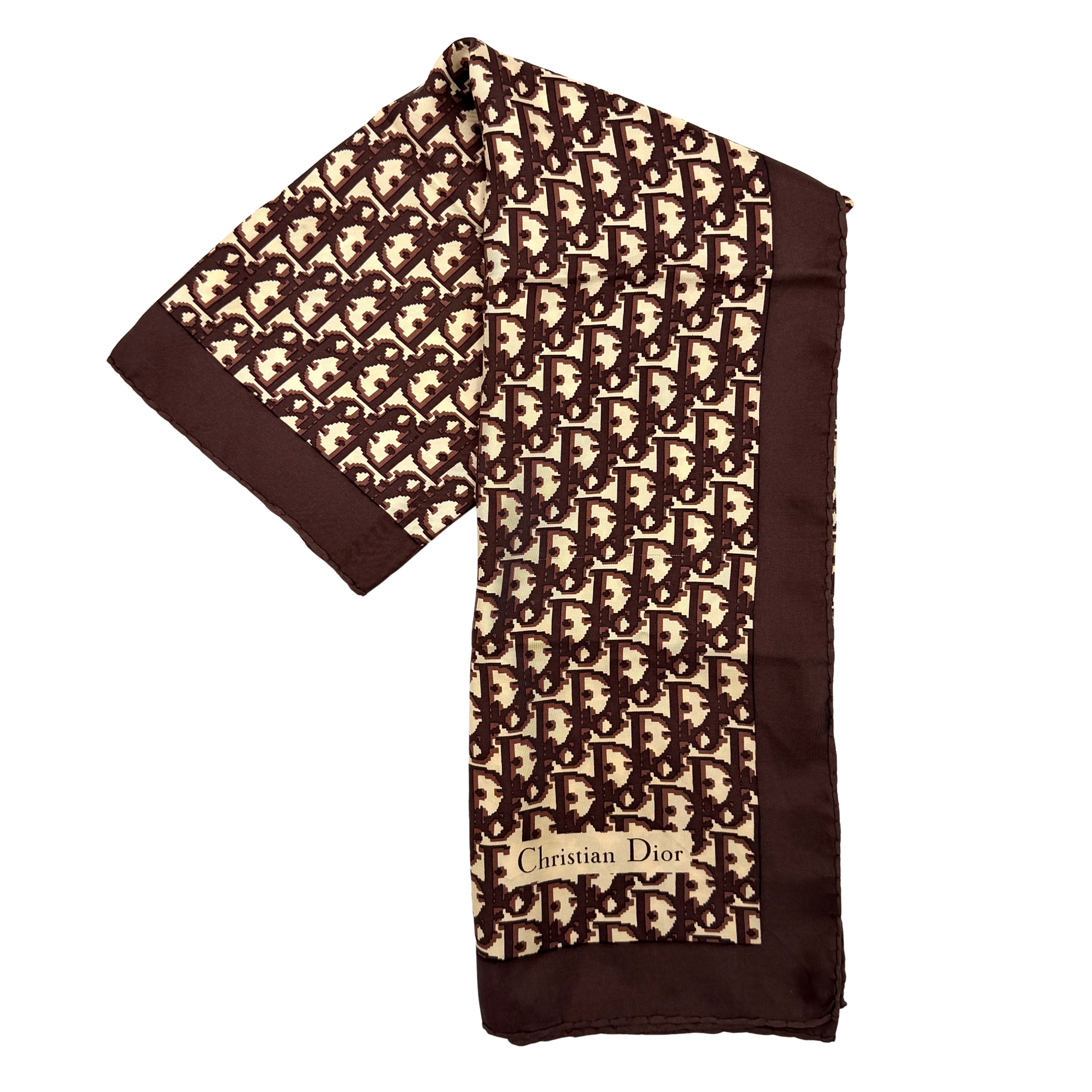 Dior Monogram Silk Scarf in brown and cream with allover Oblique pattern and Christian Dior signature in the corner.