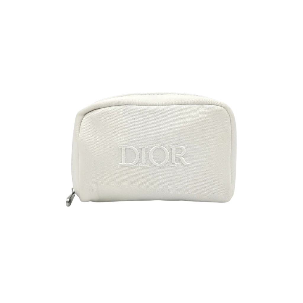 Crisp white Dior Beauty Logo Pouch with an embroidered logo and sleek silver-tone zipper, showcased against a minimalist backdrop.