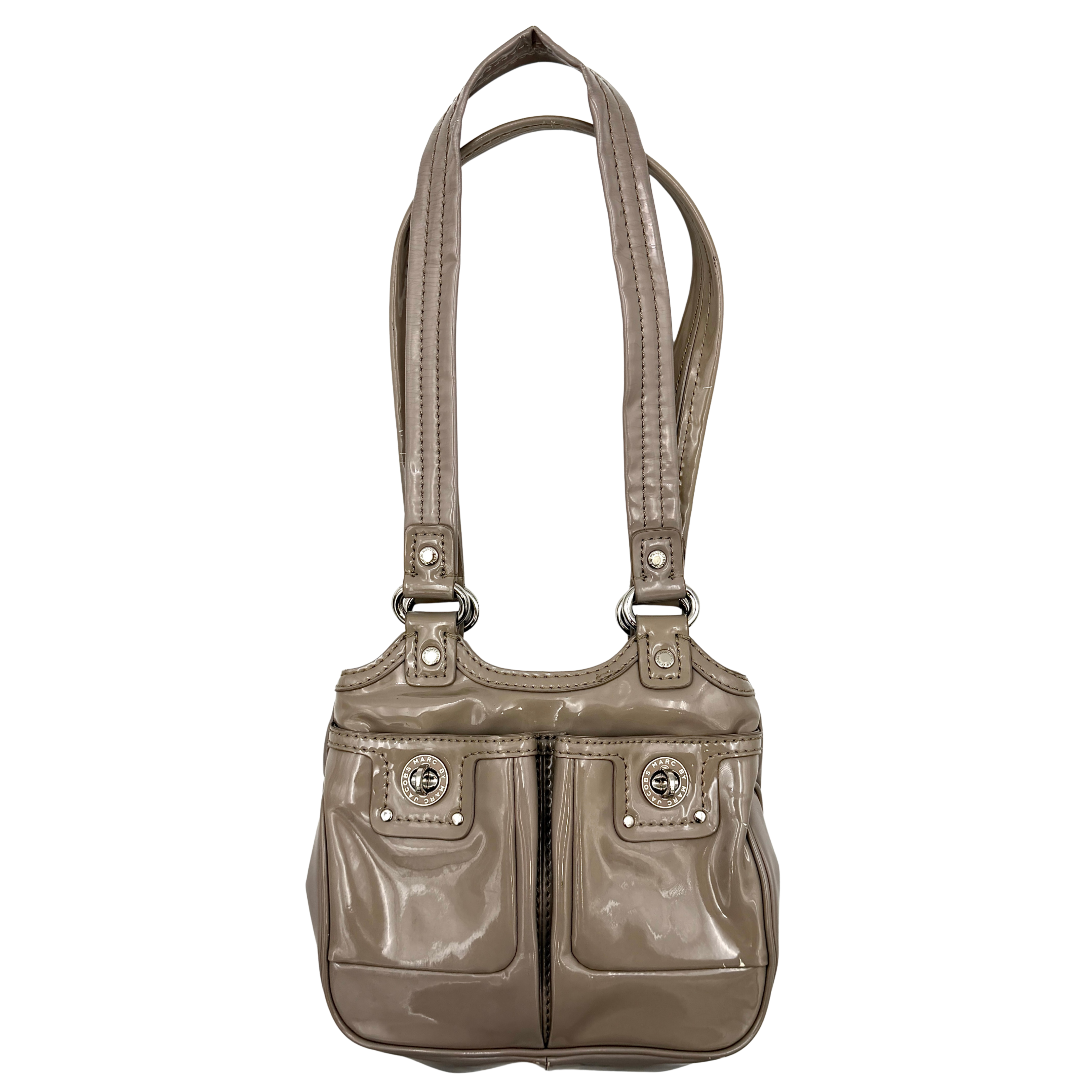 Marc Jacobs grey patent leather shoulder bag with double front turnlock pockets and structured dual handles.