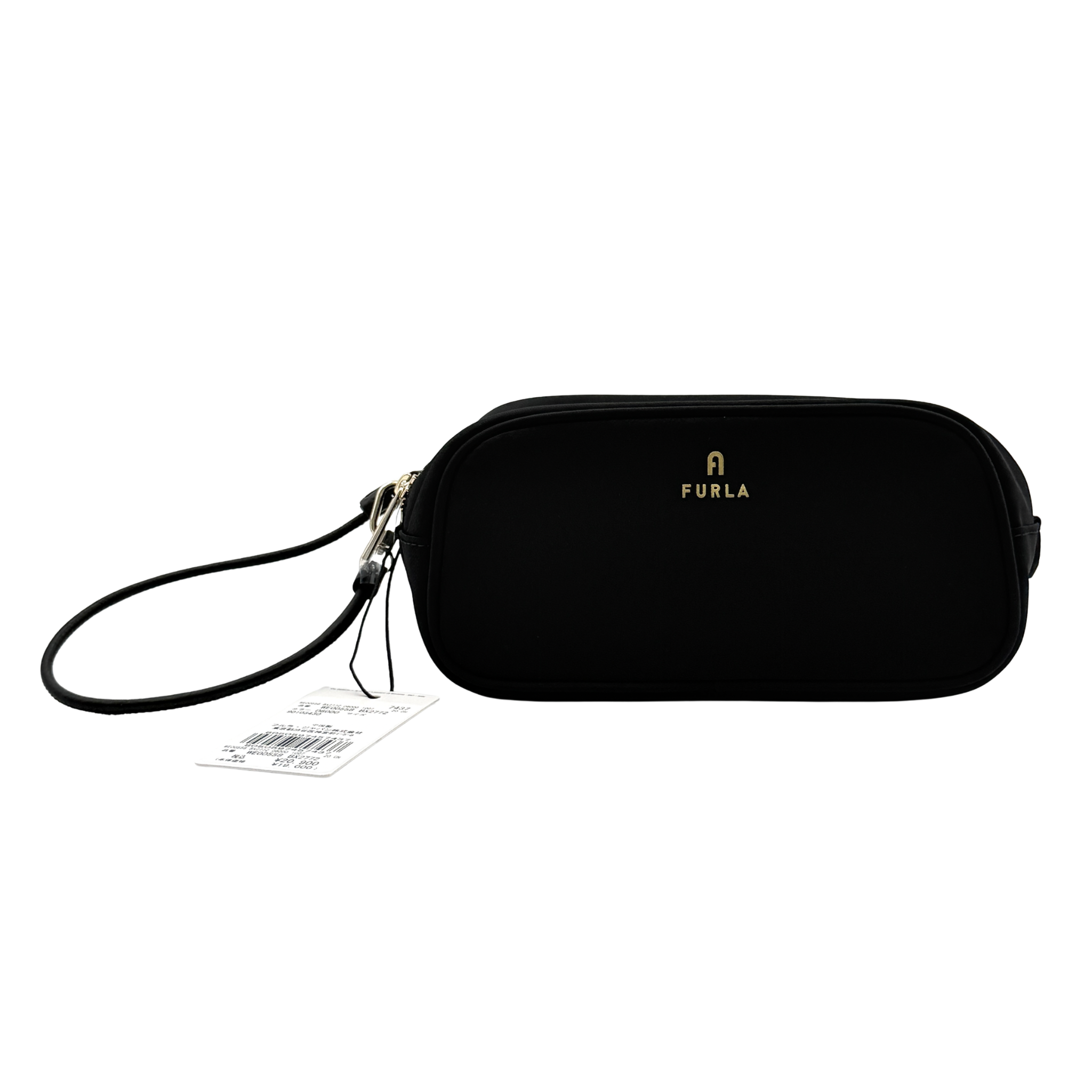 Furla Camelia Cosmetic Case in black nylon with gold logo and wristlet strap, shown with original tag.
