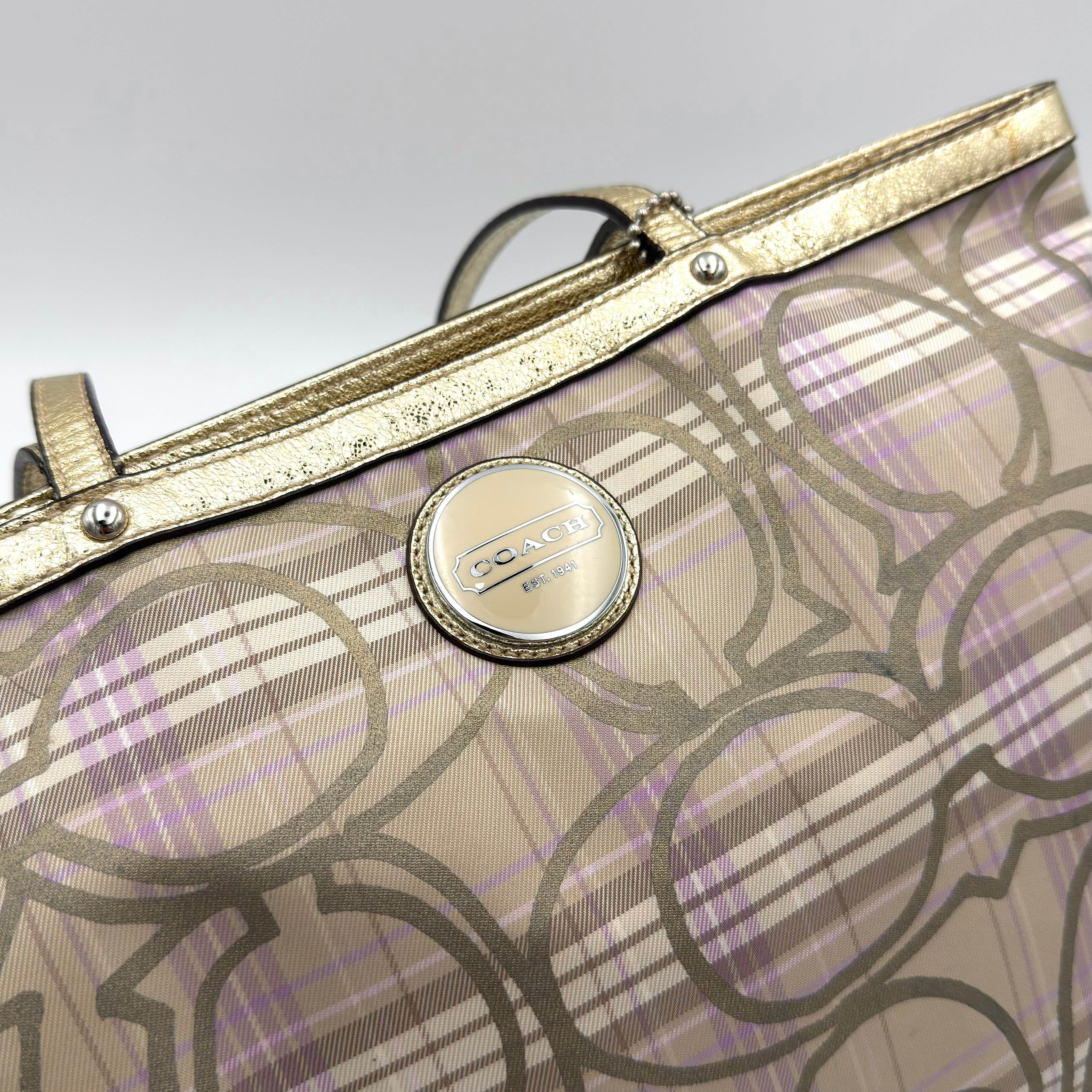 Coach Signature Plaid Tartan Tote Bag Purple/Gold